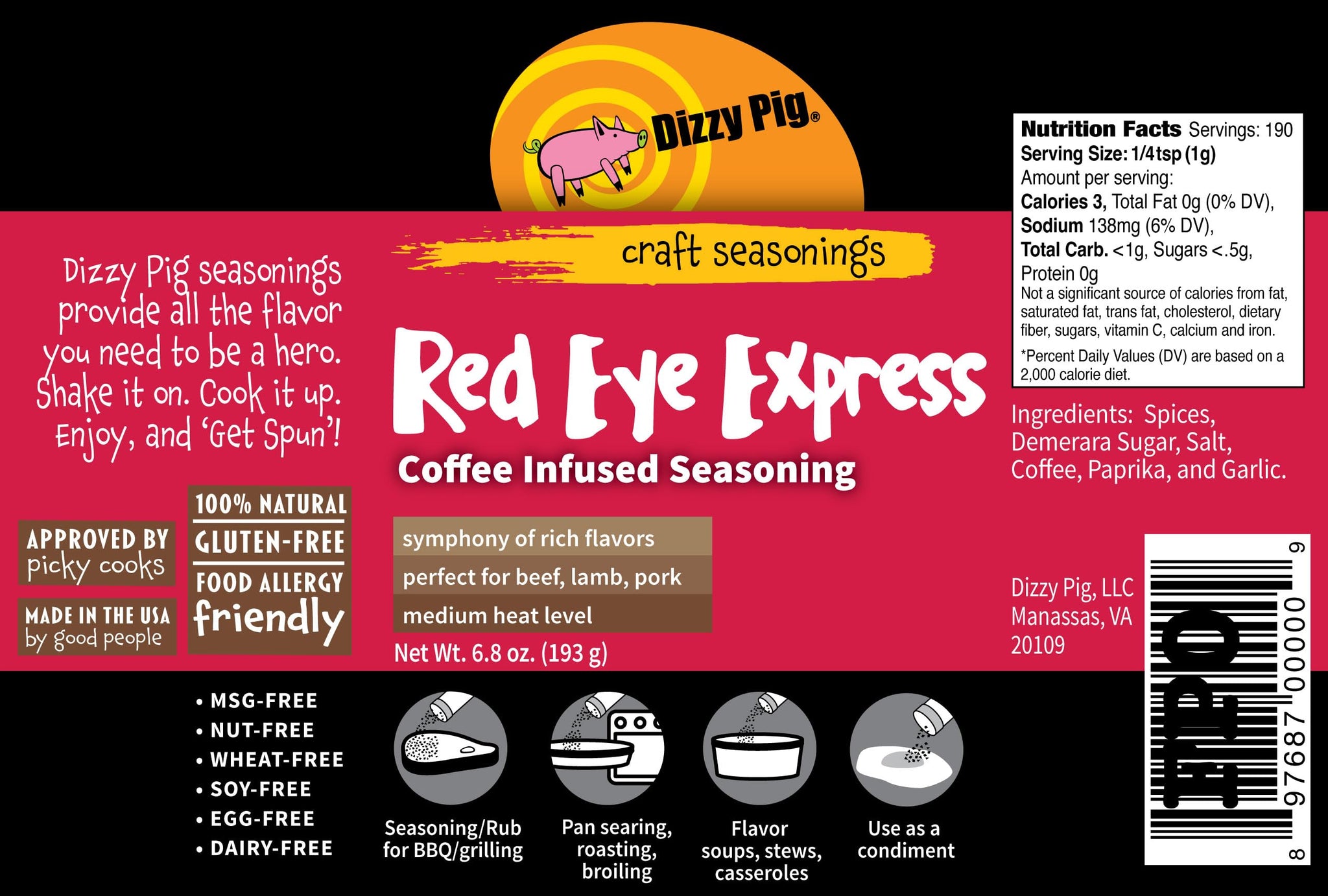 Dizzy Pig Red Eye Express Coffee-Infused Seasoning Rub (8oz Shaker) - Seasons 30+lbs of Food - Hand Made in the USA - MSG Free, Gluten Free