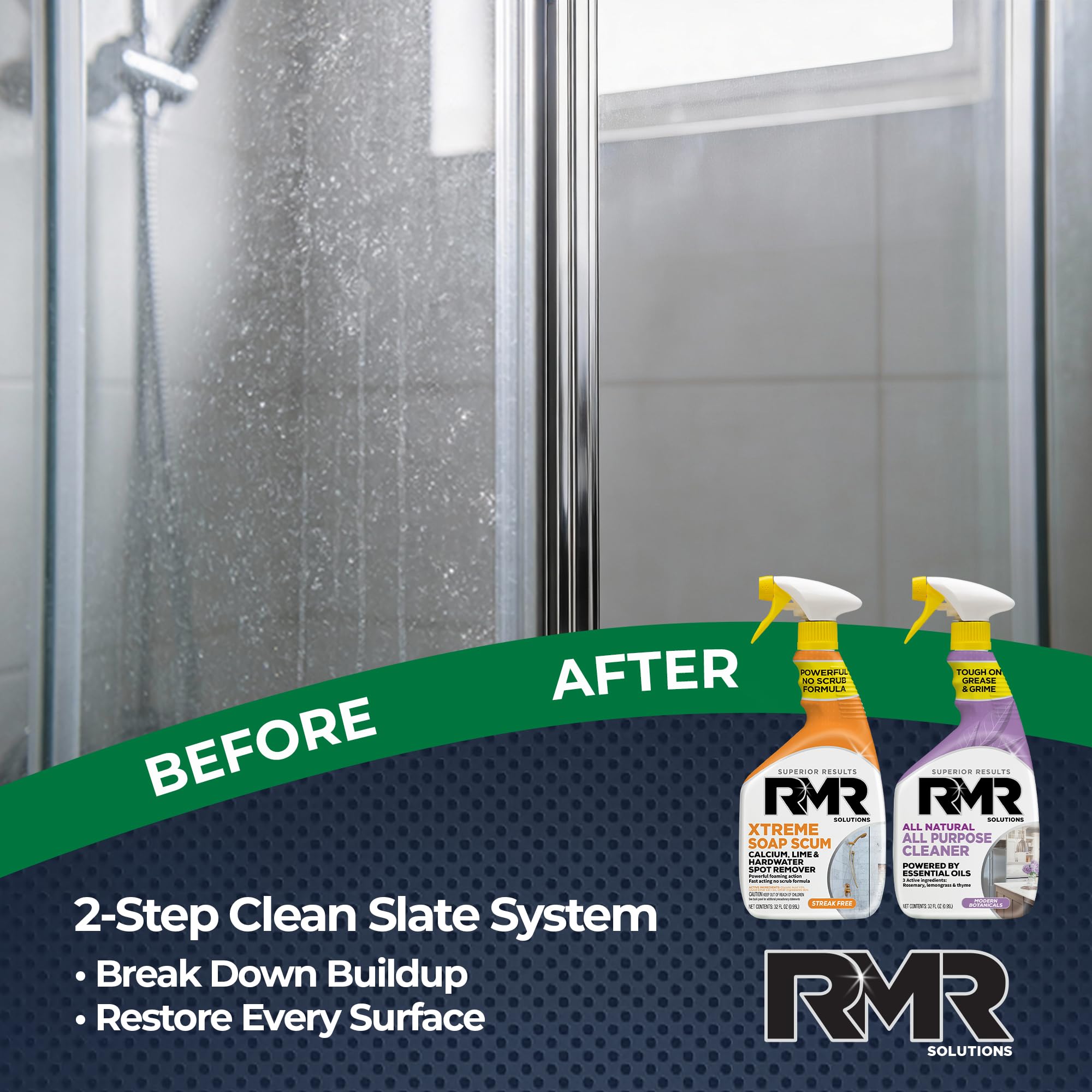 RMR Clean Slate System - Xtreme Soap Scum Remover + All Natural All Purpose Cleaner, 2-Step Bathroom & Household Cleaning Bundle for Shower, Tub