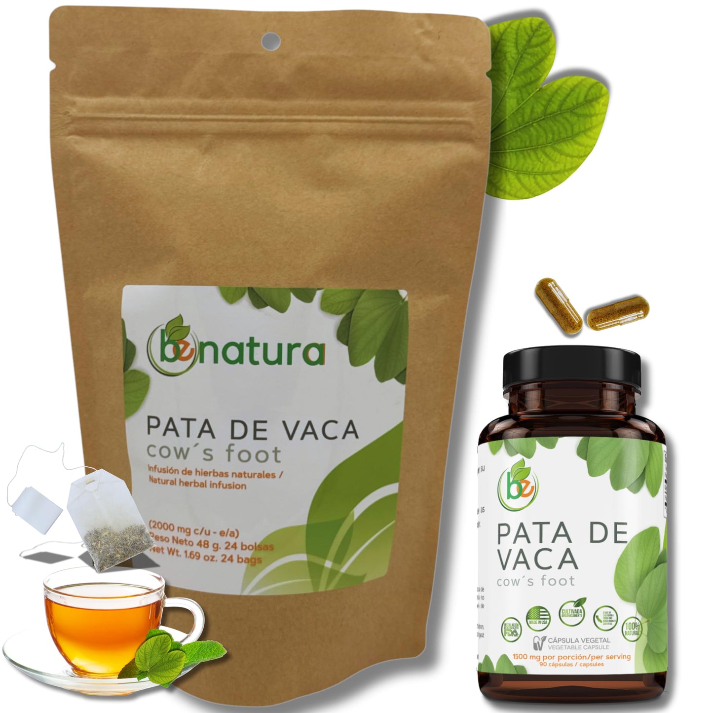 Pata de Vaca Té (Cow's Foot Tea) - 24 Bags - 100% Natural Infusion - Vegan, Non-GMO, Gluten-Free + Pata de Vaca Capsules - 1500 mg Per Serving, 90