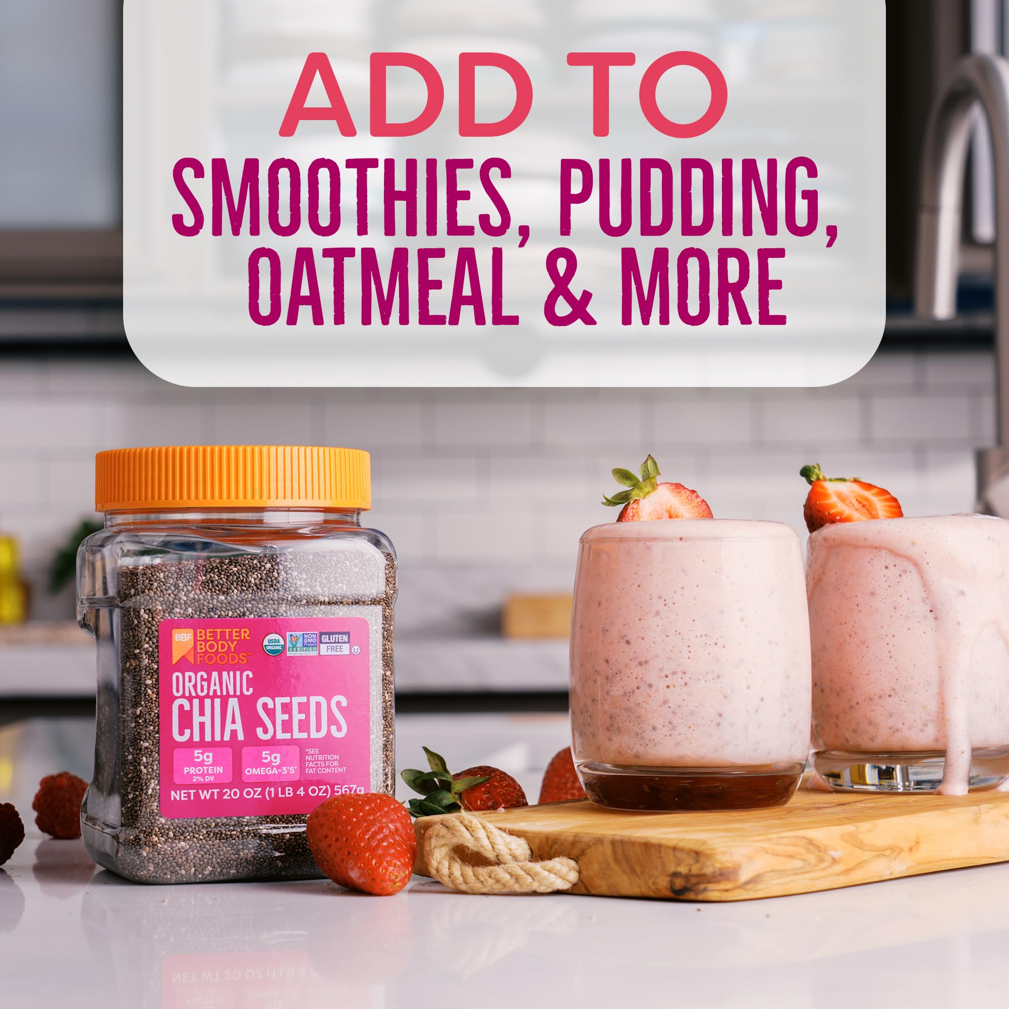 BetterBody Foods Organic Chia Seeds with Omega-3, Non-GMO, Gluten Free, Keto Diet Friendly, Vegan, Good Source of Fiber, Add to Smoothies, 1.25lb