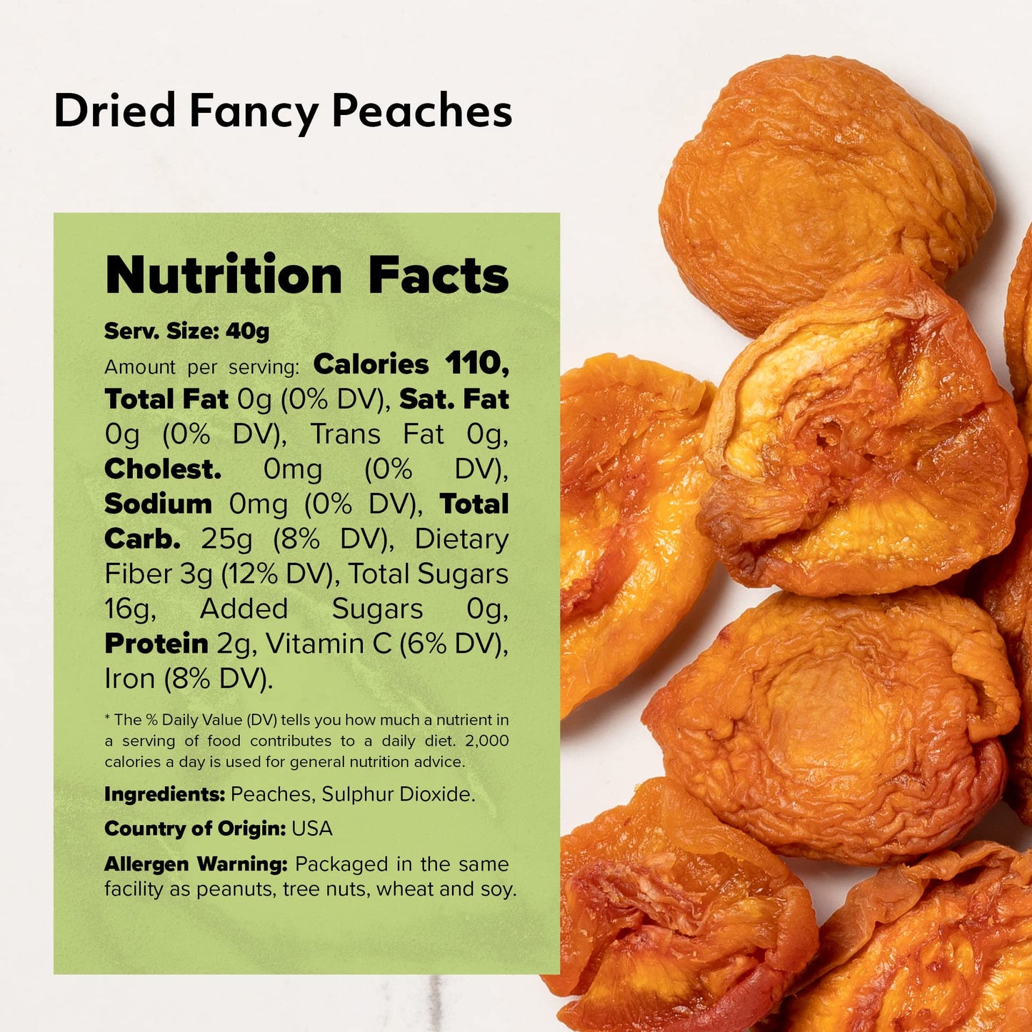 NUTS U.S. - Dried Fancy Peaches | Natural Snack | Fruity Aroma| No Added Sugar and Non GMO | Vegan and Gluten Free | Packed in a Resealable Bag!!! (1