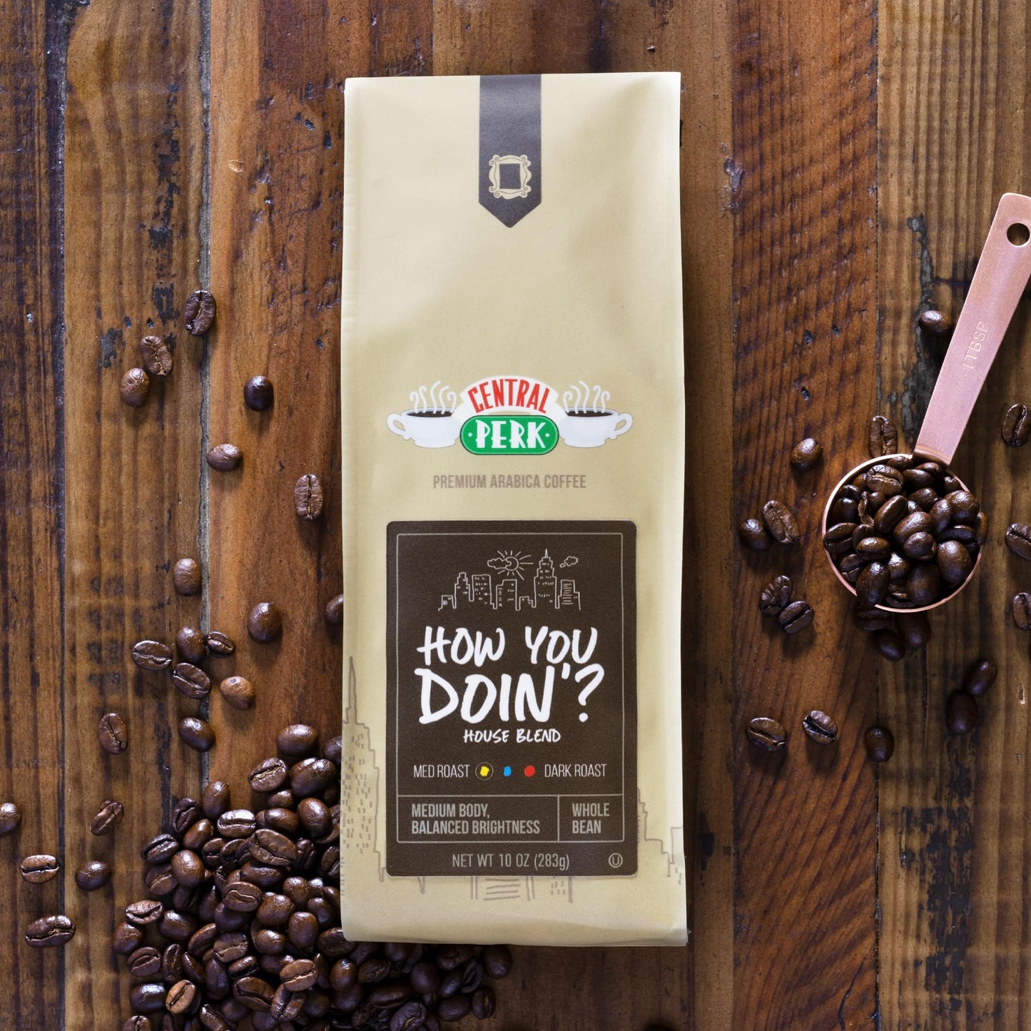 Central Perk Medium Roast Whole Bean Coffee "How You Doin" Blend - 100% Arabica Colombian & Brazilian Coffee Beans with Subtle Chocolate & Honey