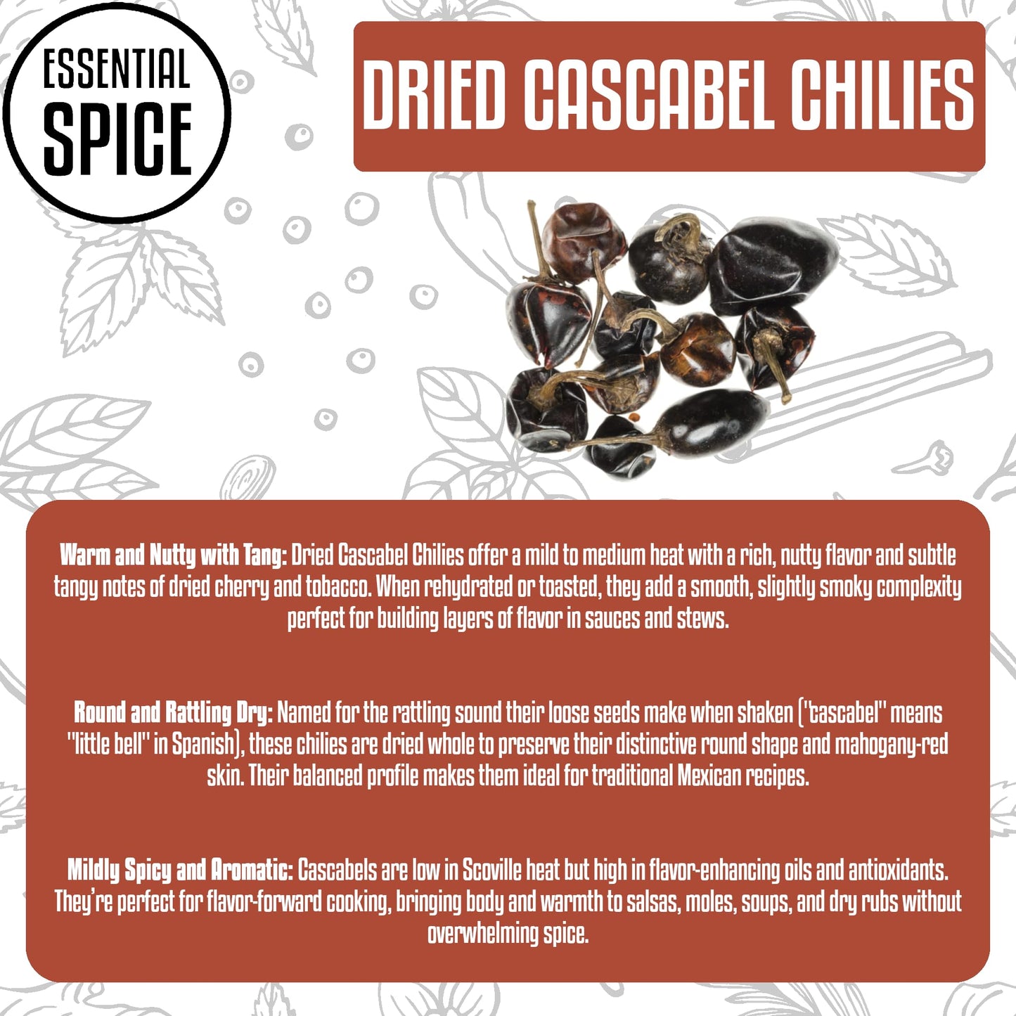 Essential Spice Dried Cascabel Chilies - Mild Heat with Nutty, Smoky Flavor - Whole Mexican Chili Pods for Salsas, Sauces, Stews & Mole - Easy
