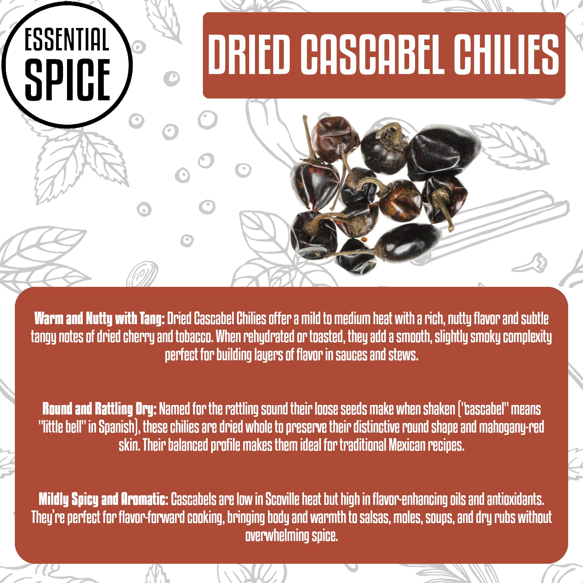 Essential Spice Dried Cascabel Chilies - Mild Heat with Nutty, Smoky Flavor - Whole Mexican Chili Pods for Salsas, Sauces, Stews & Mole - Easy