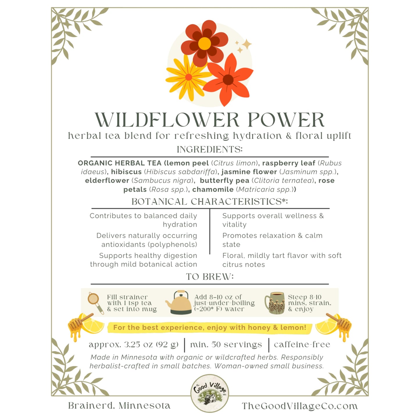 The Good Village Co. Wildflower Power Loose-Leaf Herbal Tea Blend, Floral Botanical Herbal Tea, Caffeine-Free Aromatic Herbal Infusion, 3.25 oz Bag