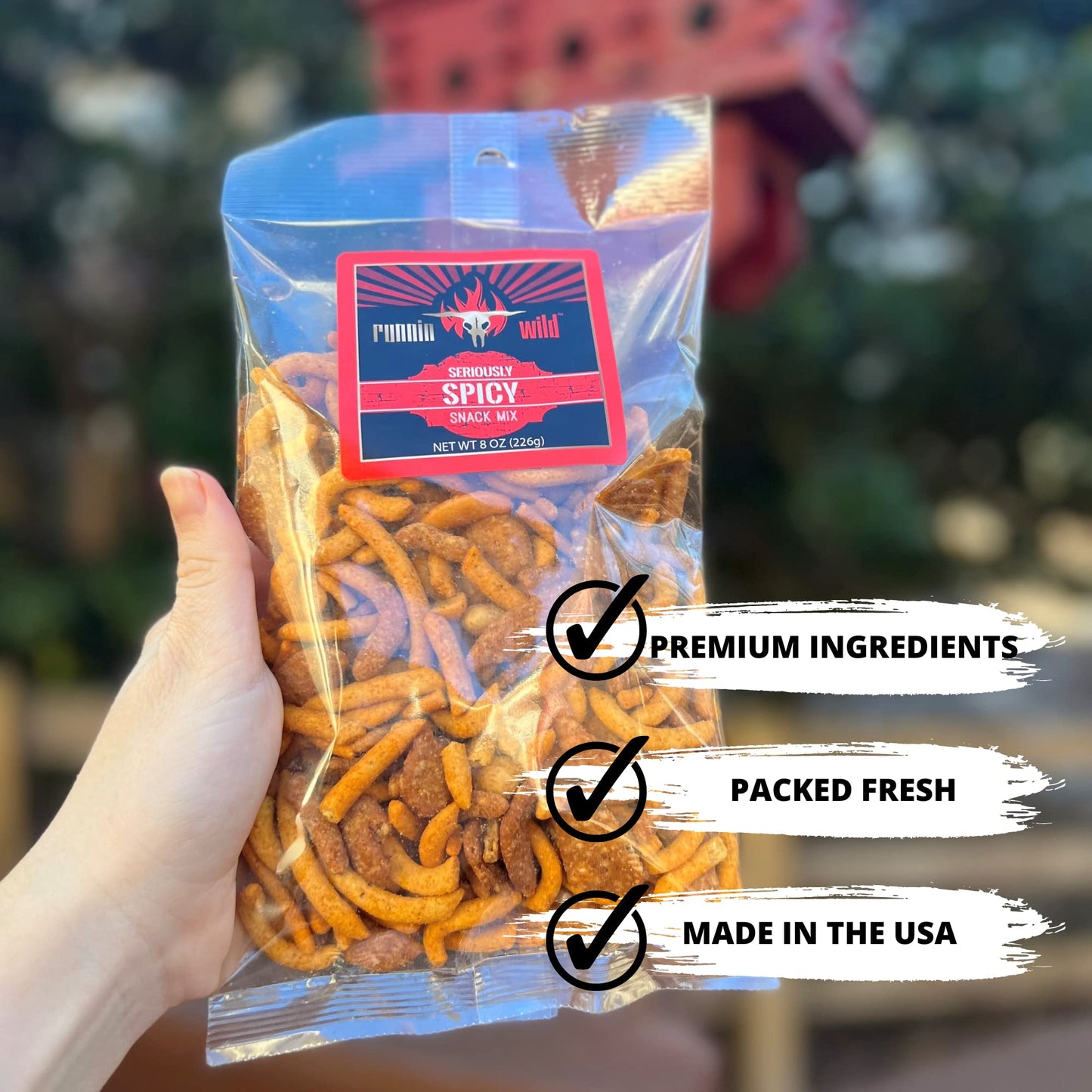 Spicy Snack Mix | Party Mix including hot Cajun corn sticks, roasted peanuts, and cheddar cheese sesame sticks | Runnin' Wild Foods, 1.5 Pounds Total