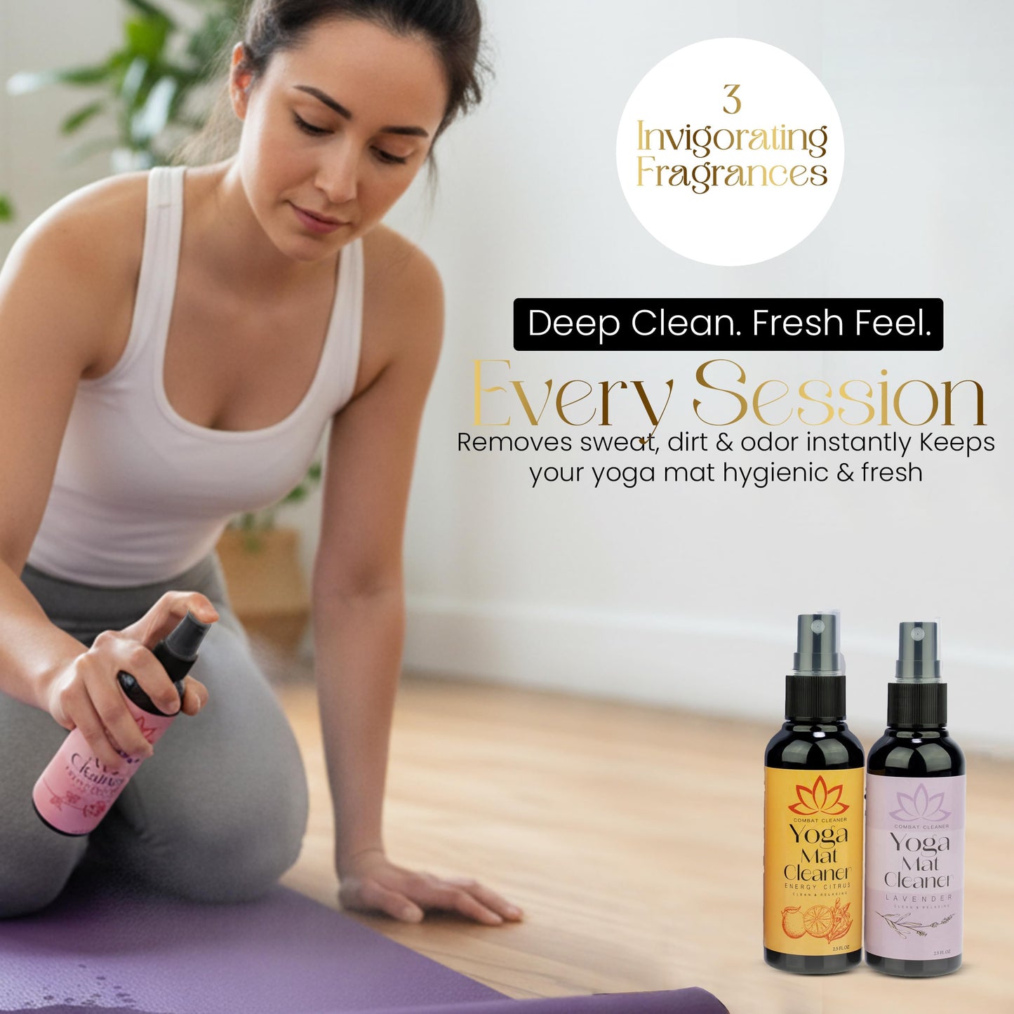 Combat Cleaner Yoga Mat Cleaner Spray Kit (Pack of 3) Includes a Microfiber Towel, Restores and Refreshes Yoga Mats (Lavender, Fresh Roses, Energy