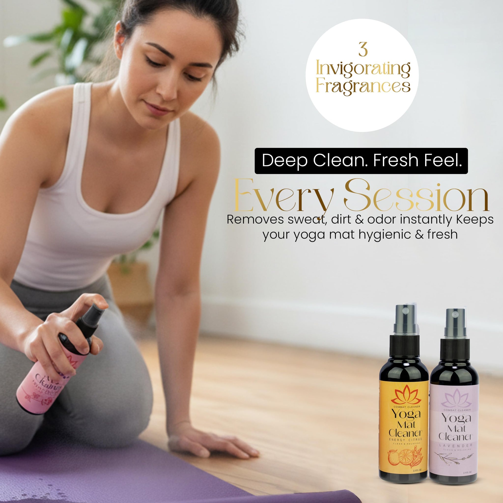 Combat Cleaner Yoga Mat Cleaner Spray Kit (Pack of 3) Includes a Microfiber Towel, Restores and Refreshes Yoga Mats (Lavender, Fresh Roses, Energy