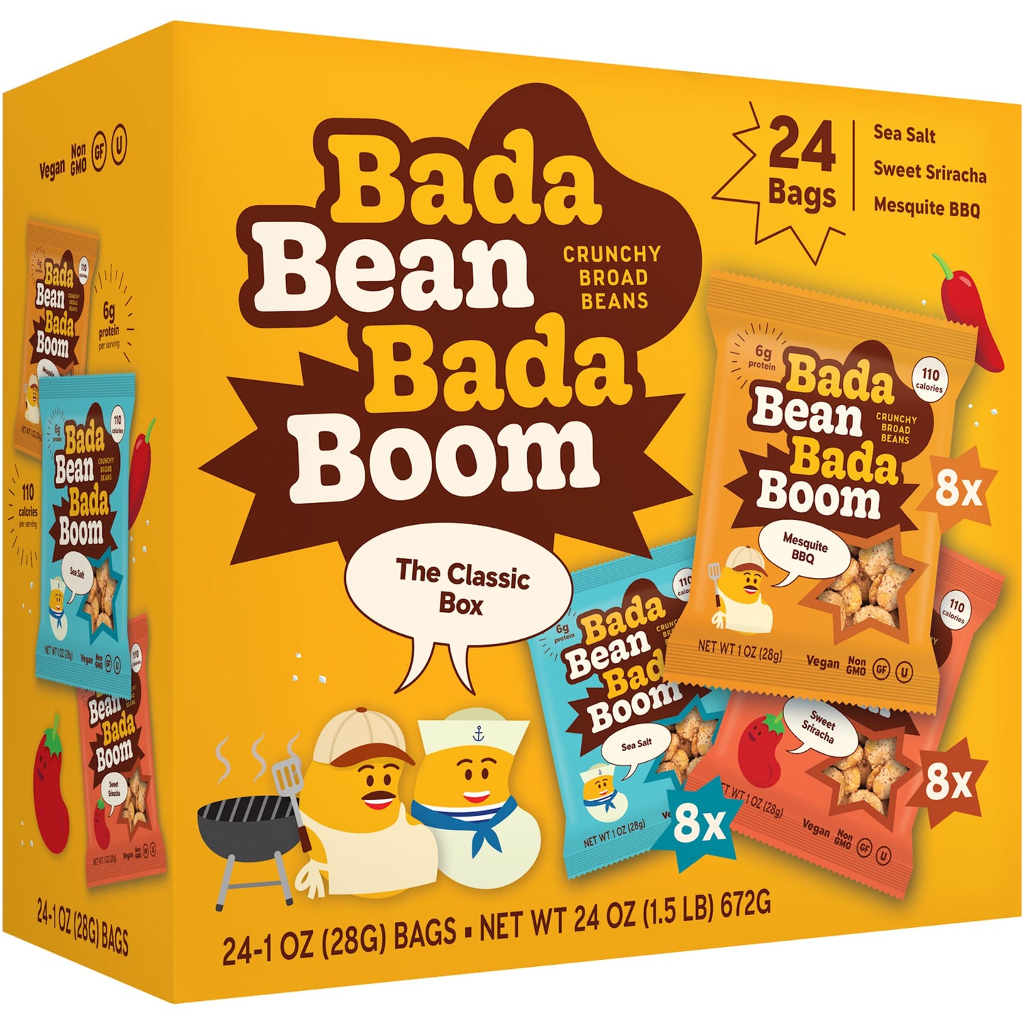 Bada Bean Bada Boom Plant-Based Protein, Gluten Free, Vegan, Crunchy Roasted Broad (Fava) Bean Snacks, 110 Calorie Packs, The Classic Box Variety