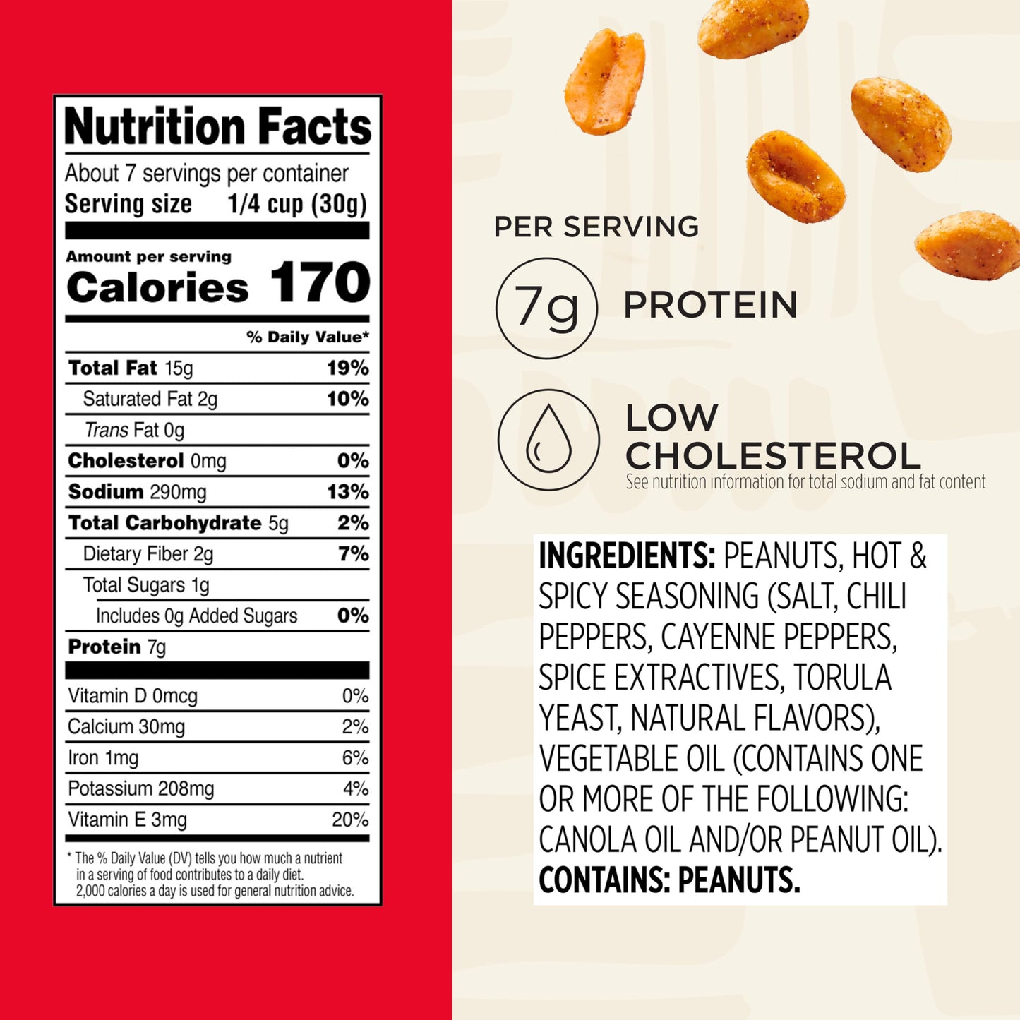 Snak Club Hot and Spicy Peanuts, Chili and Cayenne Pepper Seasoned Nuts, Gluten-Free and Kosher Snack, 7.5 oz Resealable Bags, 6 Pack