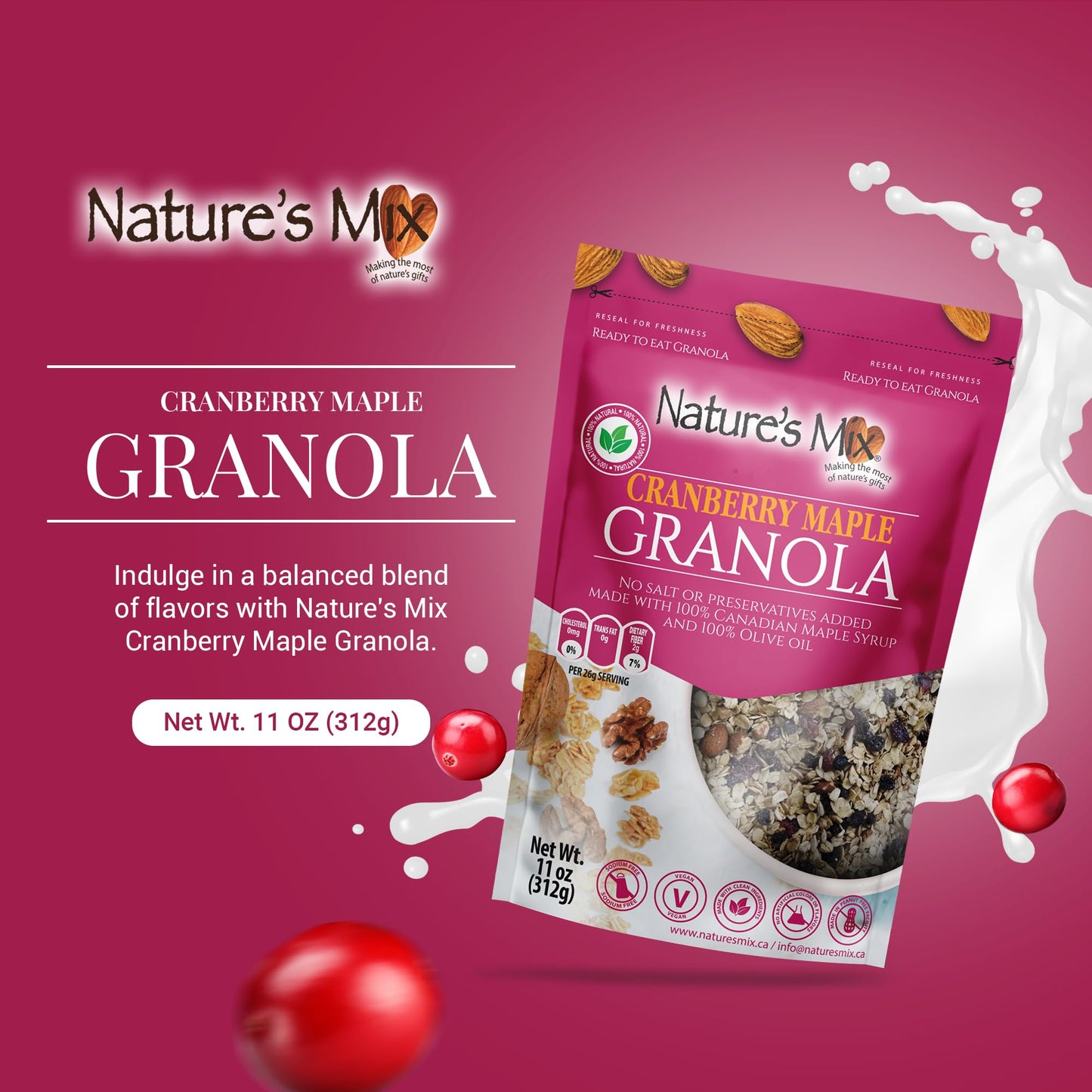 Nature's Mix - Cranberry Maple Granola - Cranberries, Almonds, Maple Syrup, Currants, Olive Oil, Sunflower Seeds, Cinnamon - Small