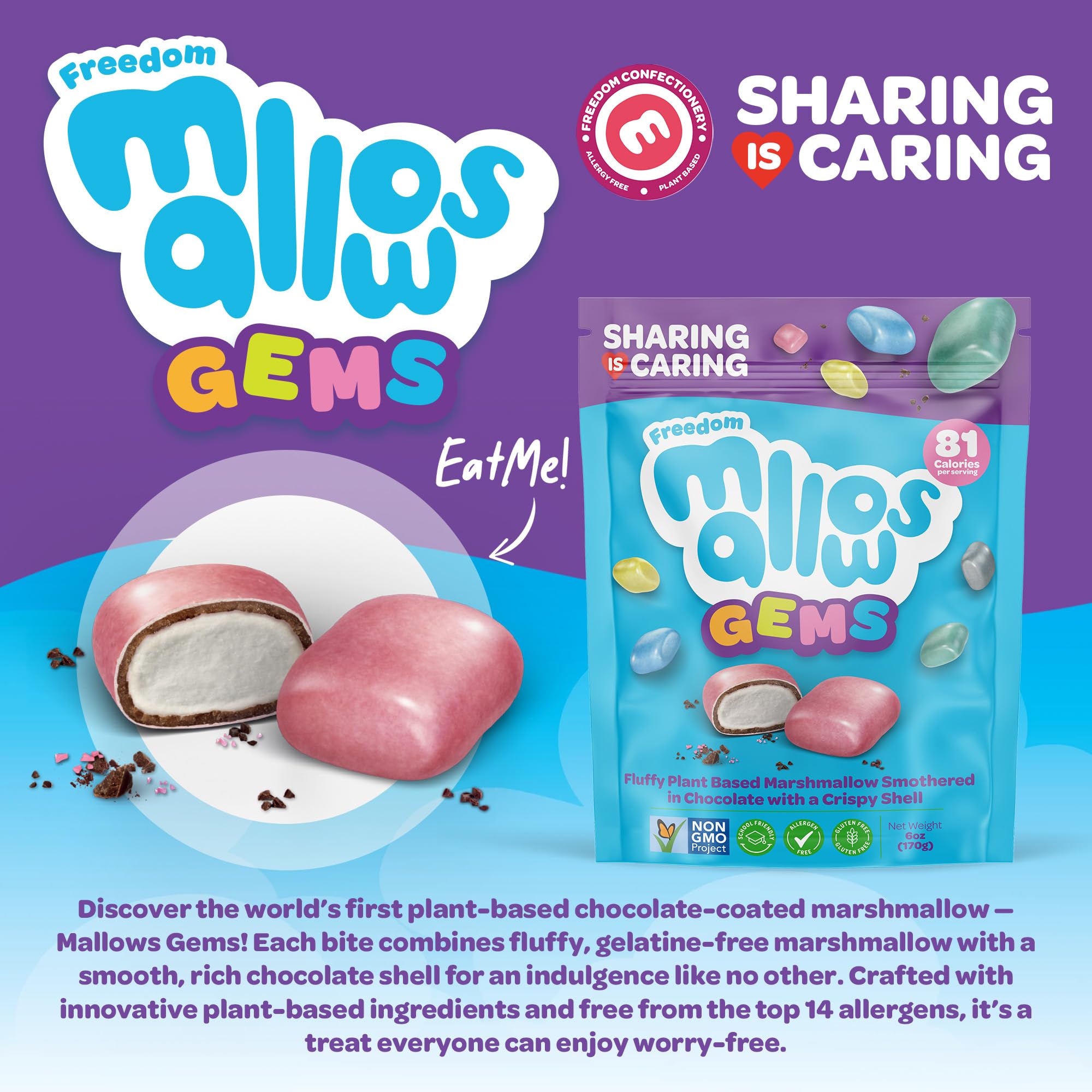 Freedom Confectionery Mallows Gems - Chocolate-Coated Marshmallows with Crispy Shell & Fluffy Center - Gelatine-Free, Gluten-Free & Allergen-Free