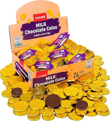 Carmit Gold "Real" Milk Chocolate Coins, (24 Mesh Bags) | Individually Wrapped Menora Embossed Hanukkah Gelt | Holiday Candy, Party Favors | Gluten