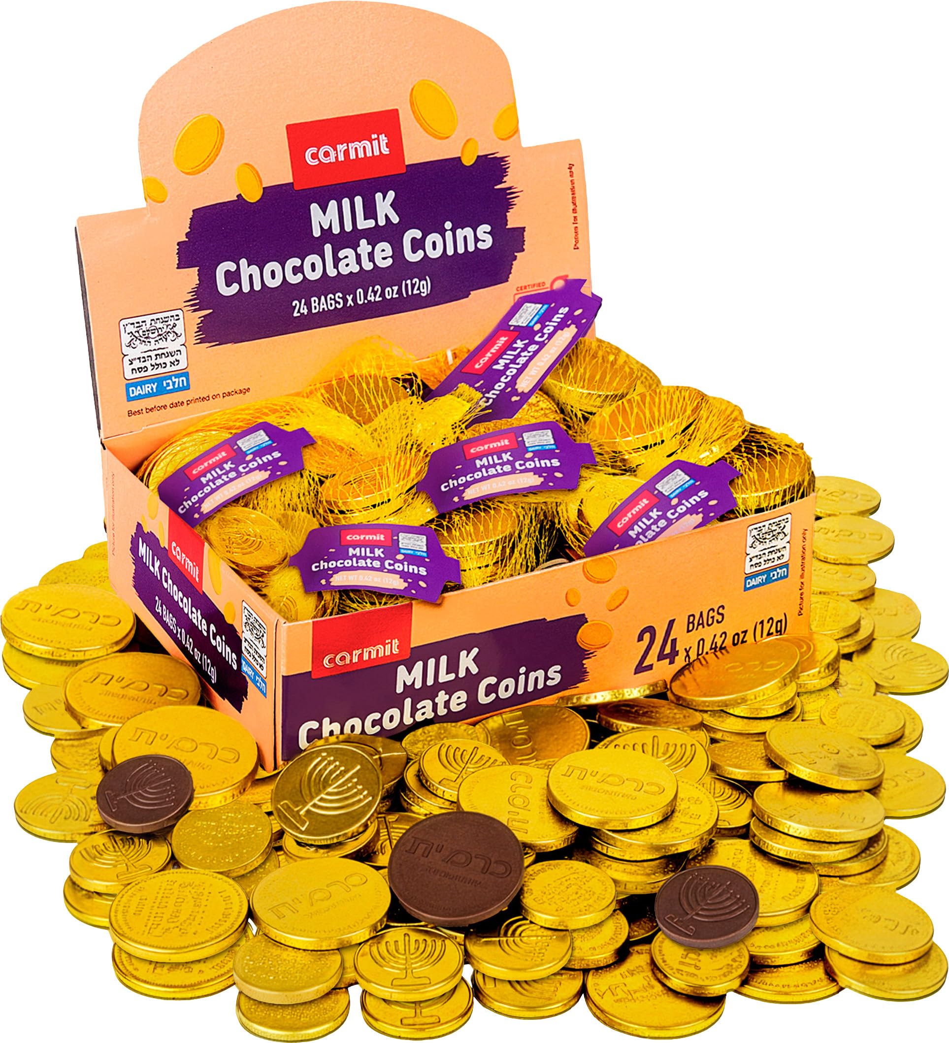 Carmit Gold "Real" Milk Chocolate Coins, (24 Mesh Bags) | Individually Wrapped Menora Embossed Hanukkah Gelt | Holiday Candy, Party Favors | Gluten