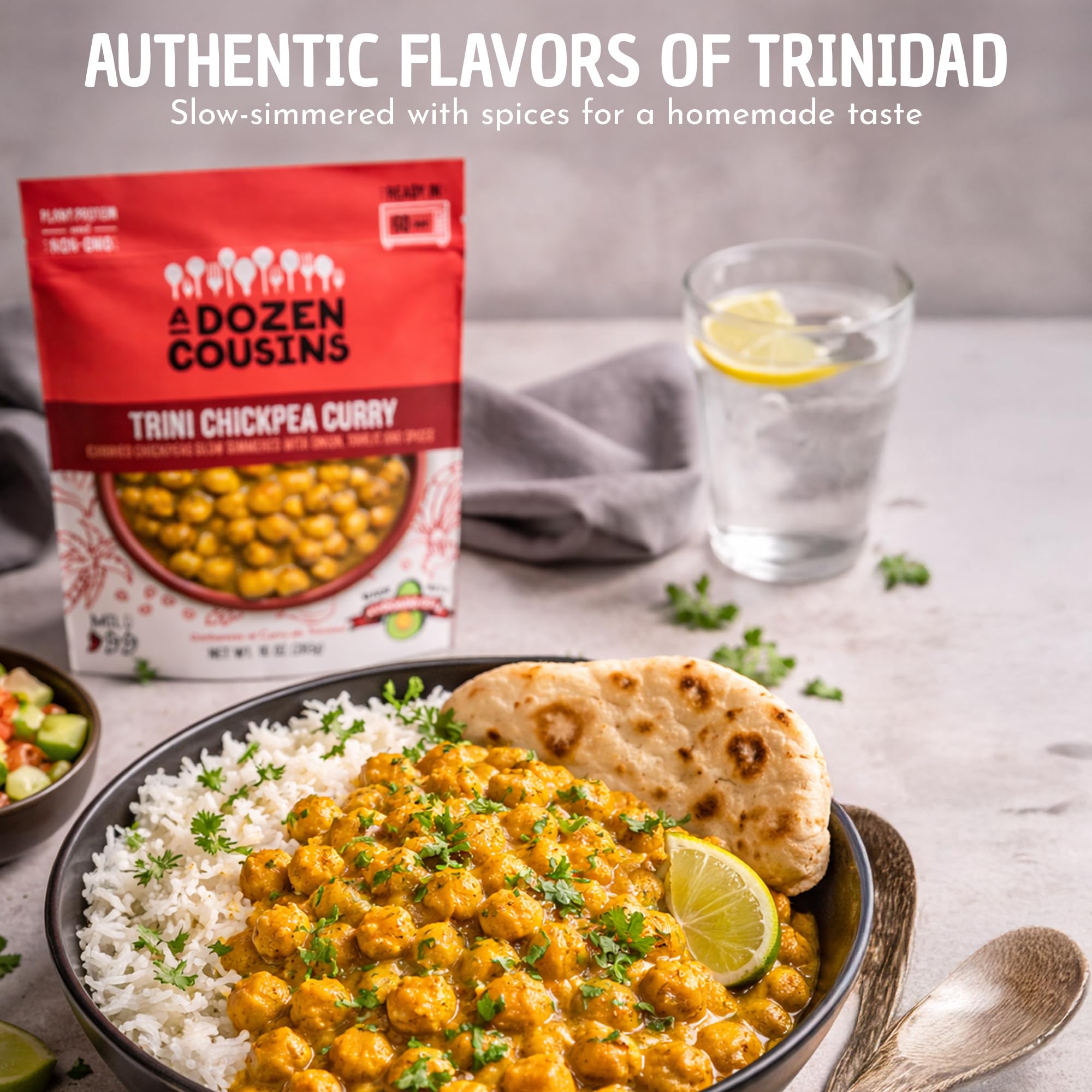 A Dozen Cousins Trini Chickpea Curry Beans (6-Pack) Prepared Food Pouch, Ready to Eat Meal in Seasoned Avocado Oil, Premade Microwave Meal, Instant