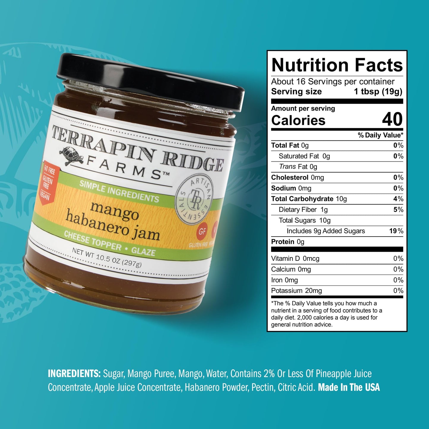 Terrapin Ridge Farms Mango Habanero Gourmet Jam - Sweet Mango & Fiery Habanero Blend - Perfect as a Glaze for Meats, Appetizers, and More - 10.5 oz