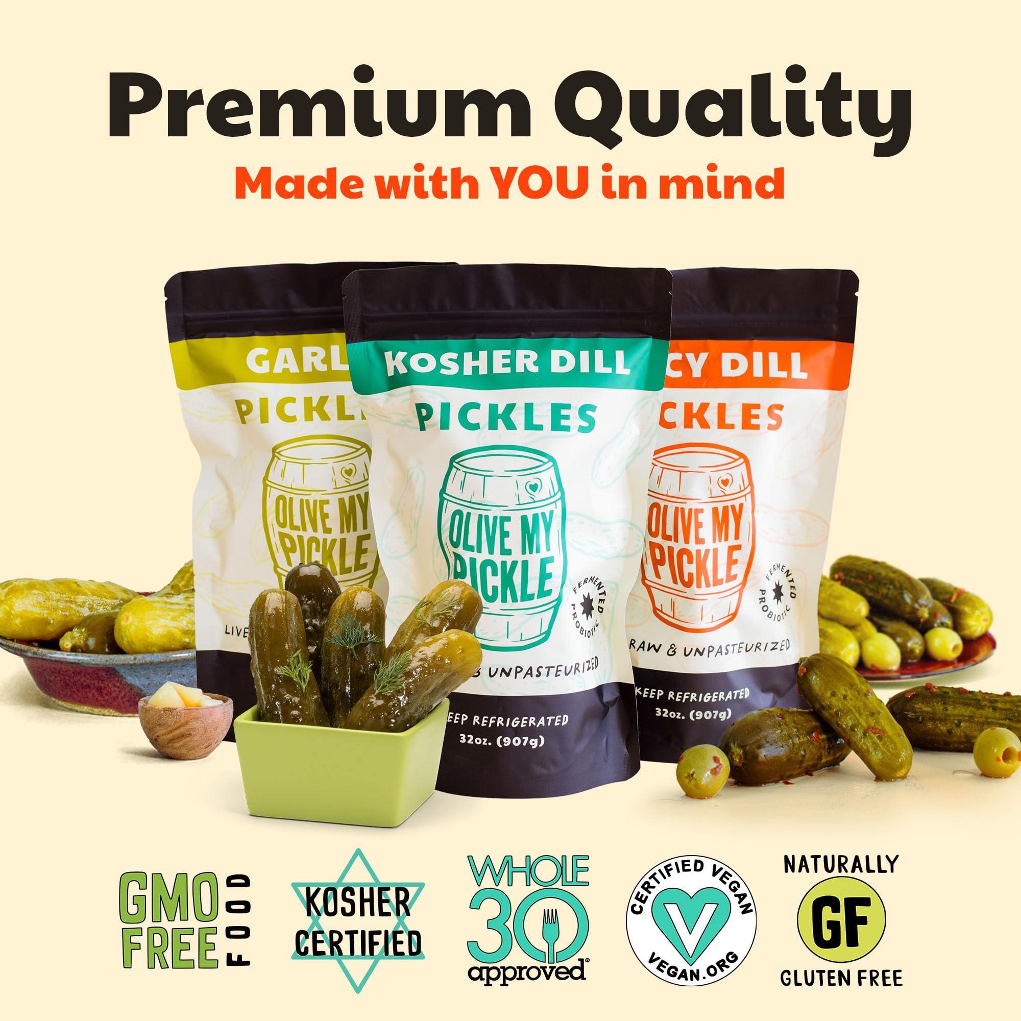 Olive My Pickle Fermented Pickles Probiotic Variety Pack - 96 Ounces | 3-Pack Bundle of Kosher Dill, Garlic, Spicy Kosher Dill Pickles and Brine