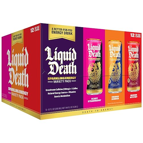 Liquid Death Sparkling Energy Variety Pack, Zero Sugar Energy Drink, Unextreme Caffeine 100mg, Essential Vitamins, 3 Flavors: Strawberry, Orange