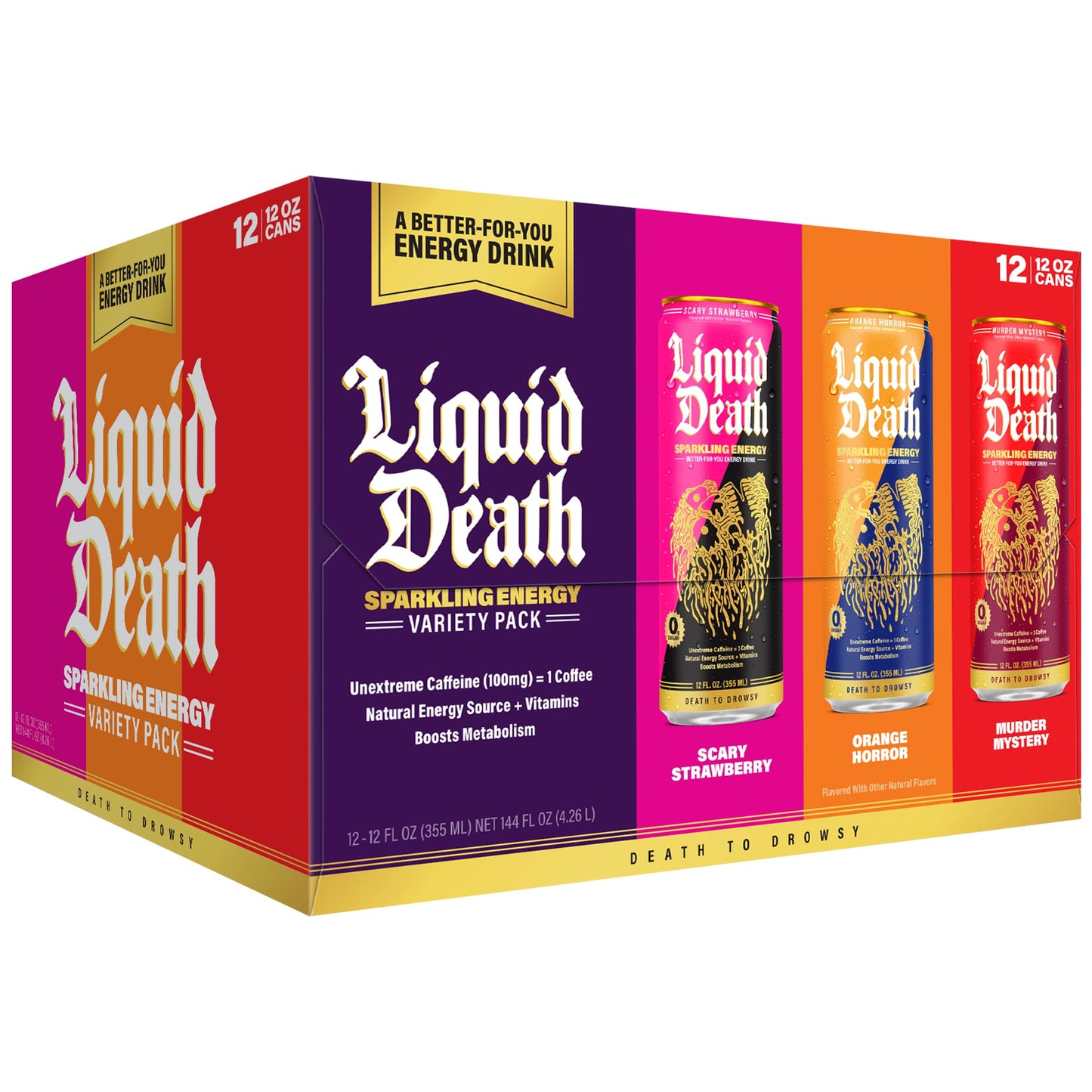 Liquid Death Sparkling Energy Variety Pack, Zero Sugar Energy Drink, Unextreme Caffeine 100mg, Essential Vitamins, 3 Flavors: Strawberry, Orange