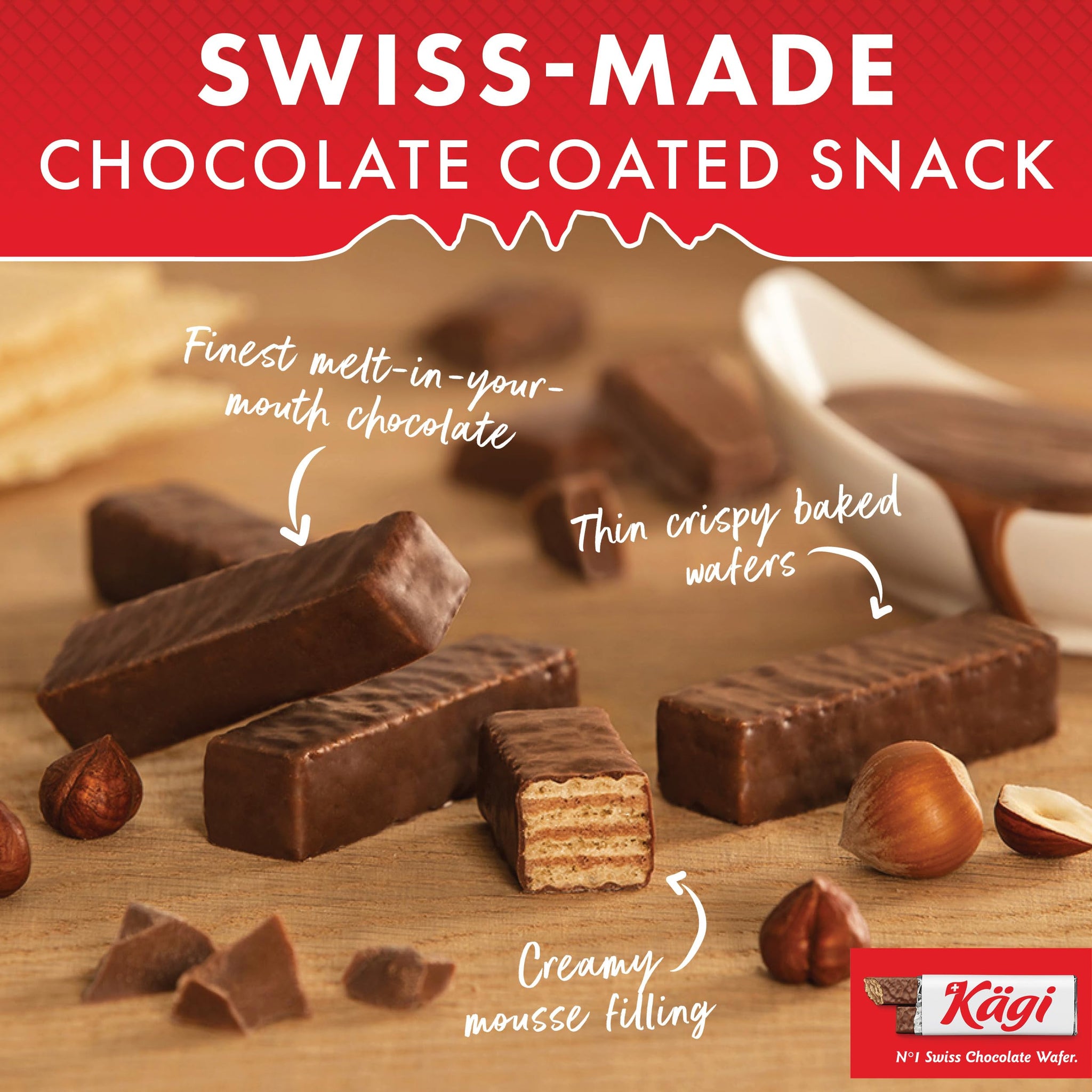 Swiss Milk Chocolate Covered Mini Wafers by Kägi, Crispy Coated Sweet Snacks, Premium Individually Wrapped Treats, Chocolate, Classic Kägi, 3 Pack