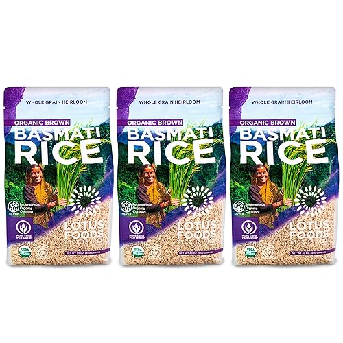 Lotus Foods Regenerative Organic Brown Basmati Rice - Gluten Free Whole Grain Heirloom Rice, Vegan, Non GMO, Use for Curries, Stir Fries, Rice Pudding, Salad, and More - 30 oz Bag (Pack of 3)