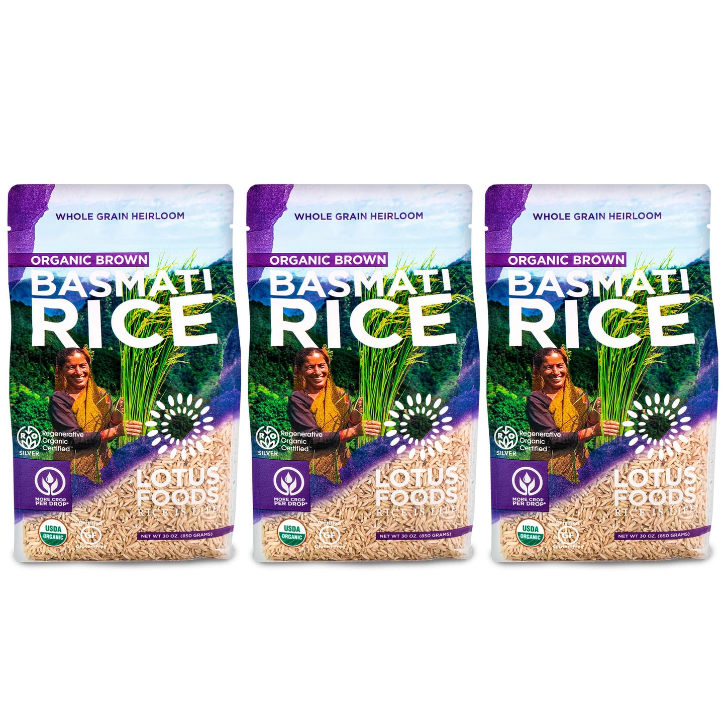 Lotus Foods Regenerative Organic Brown Basmati Rice - Gluten Free Whole Grain Heirloom Rice, Vegan, Non GMO, Use for Curries, Stir Fries, Rice Pudding, Salad, and More - 30 oz Bag (Pack of 3)