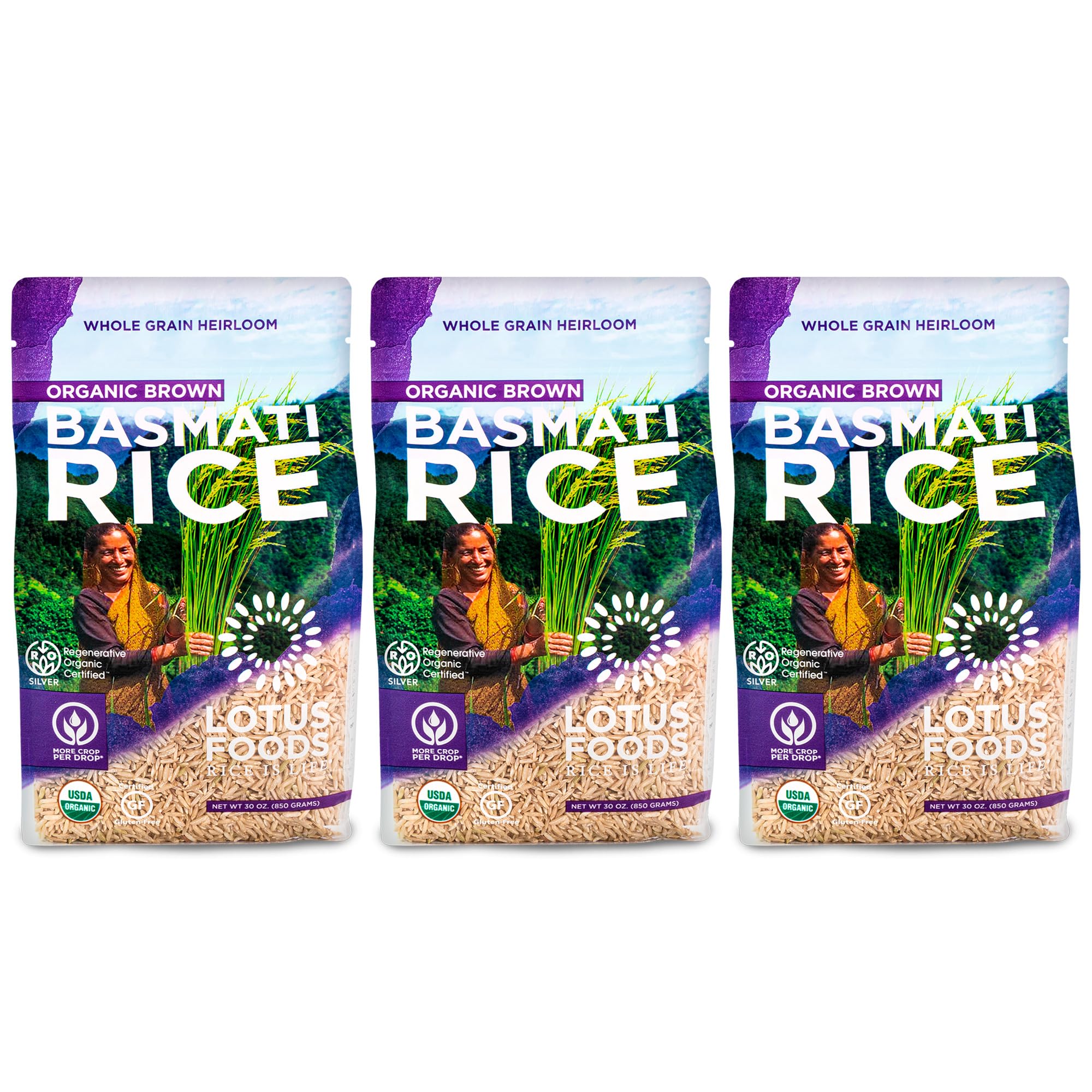 Lotus Foods Regenerative Organic Brown Basmati Rice - Gluten Free Whole Grain Heirloom Rice, Vegan, Non GMO, Use for Curries, Stir Fries, Rice Pudding, Salad, and More - 30 oz Bag (Pack of 3)