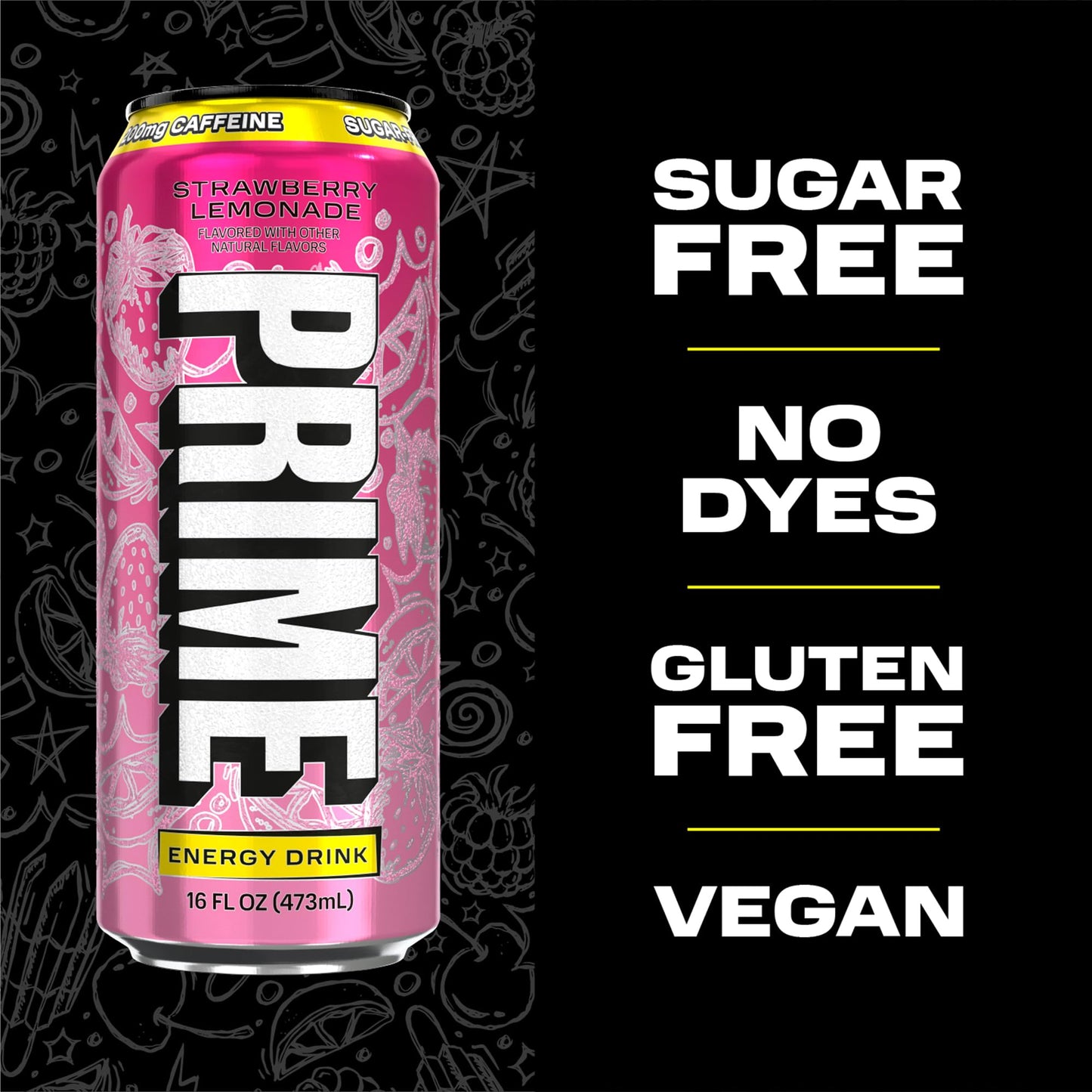 PRIME Energy STRAWBERRY LEMONADE, Sugar Free Energy Drink, 200mg Caffeine and 355mg of Electrolytes for Hydration, Low Calorie, Vegan, Gluten Free,16