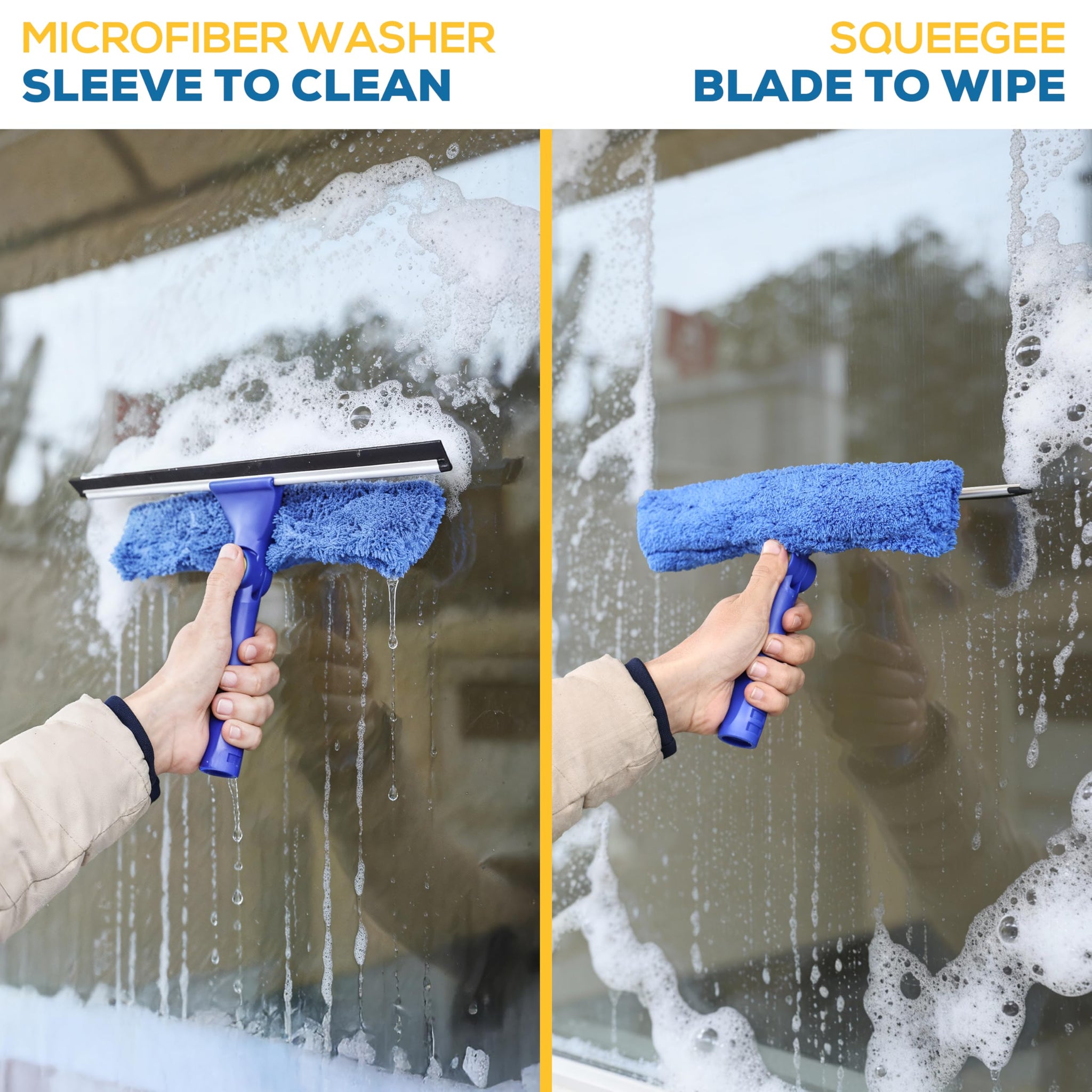 Kleen Handler 2-in-1 Window Squeegee Cleaning Combo, Glass Cleaner Tool for Commercial and Residential Use, 2 Reusable 12” Sleeves and 14” Blade