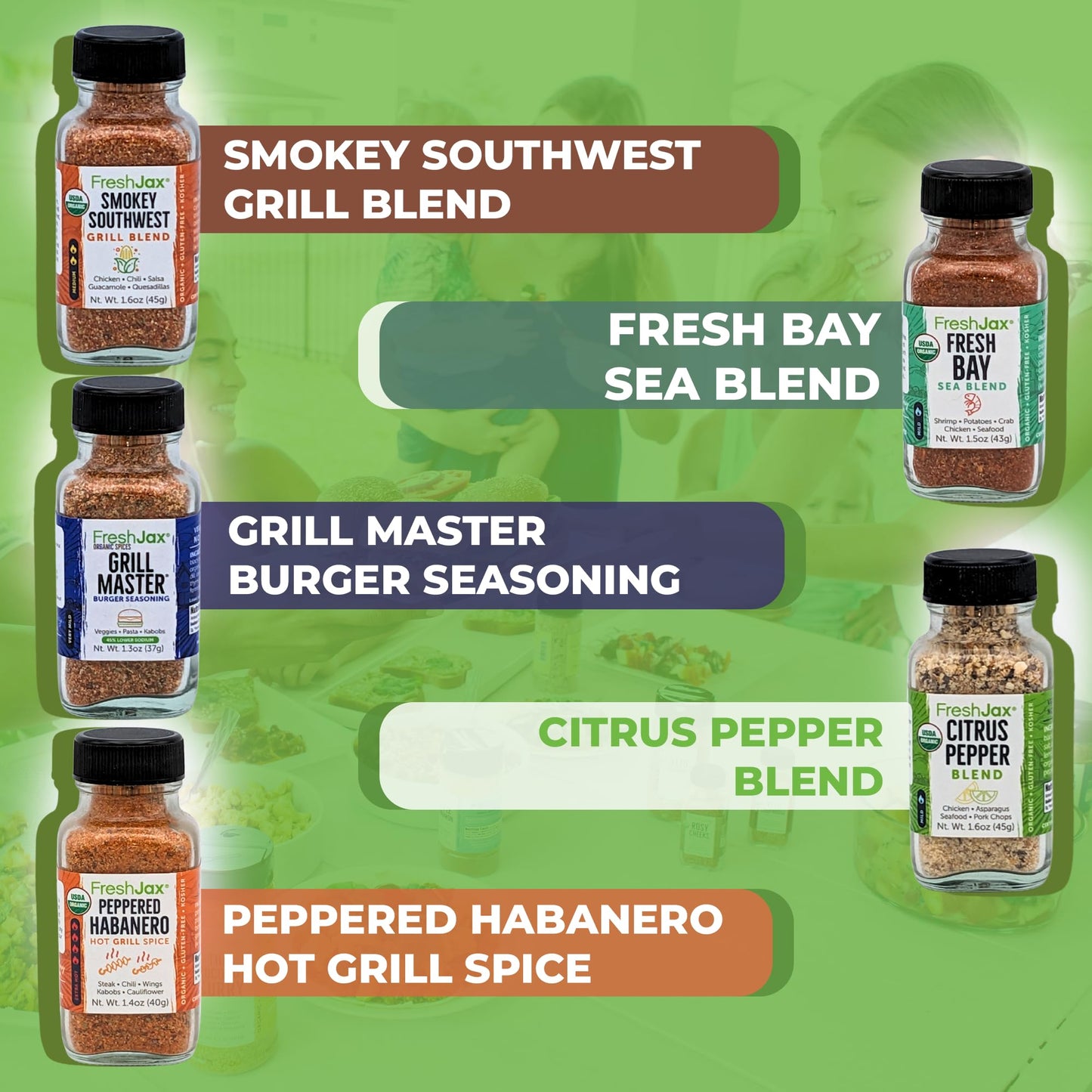 FreshJax Grill Seasoning Set with Gift Box | 5 Organic BBQ Rub Seasoning Gift Set for Healthy Grilling, Meal Prep, Balanced Cooking | No Artificial