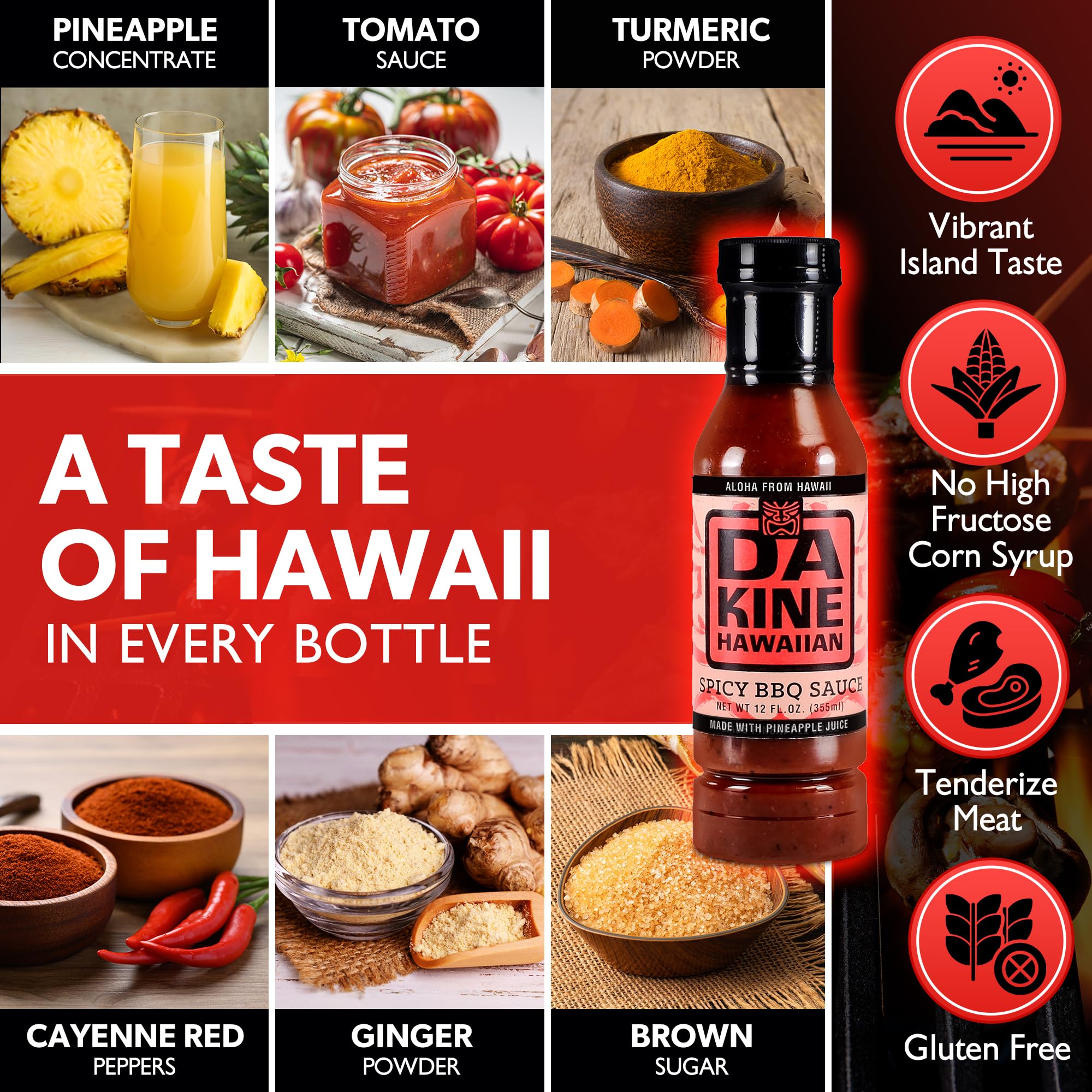 Da Kine Hawaiian Spicy BBQ Sauce - Sweet & Tangy Island Flavor - Made with Pineapple Juice - Gourmet Barbecue Sauce for Grilling, Marinades, Dipping