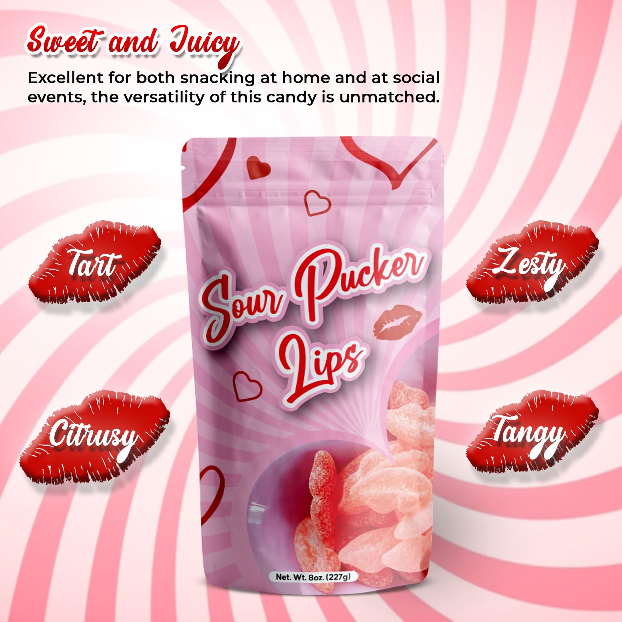 NY Spice Shop Sour Pucker Gummies - 8 Ounce Lip Shaped Gummies - Fruit Flavor Gummy For Office Candy Bowl Fillers And Movie Night - Pink And Red Chewy