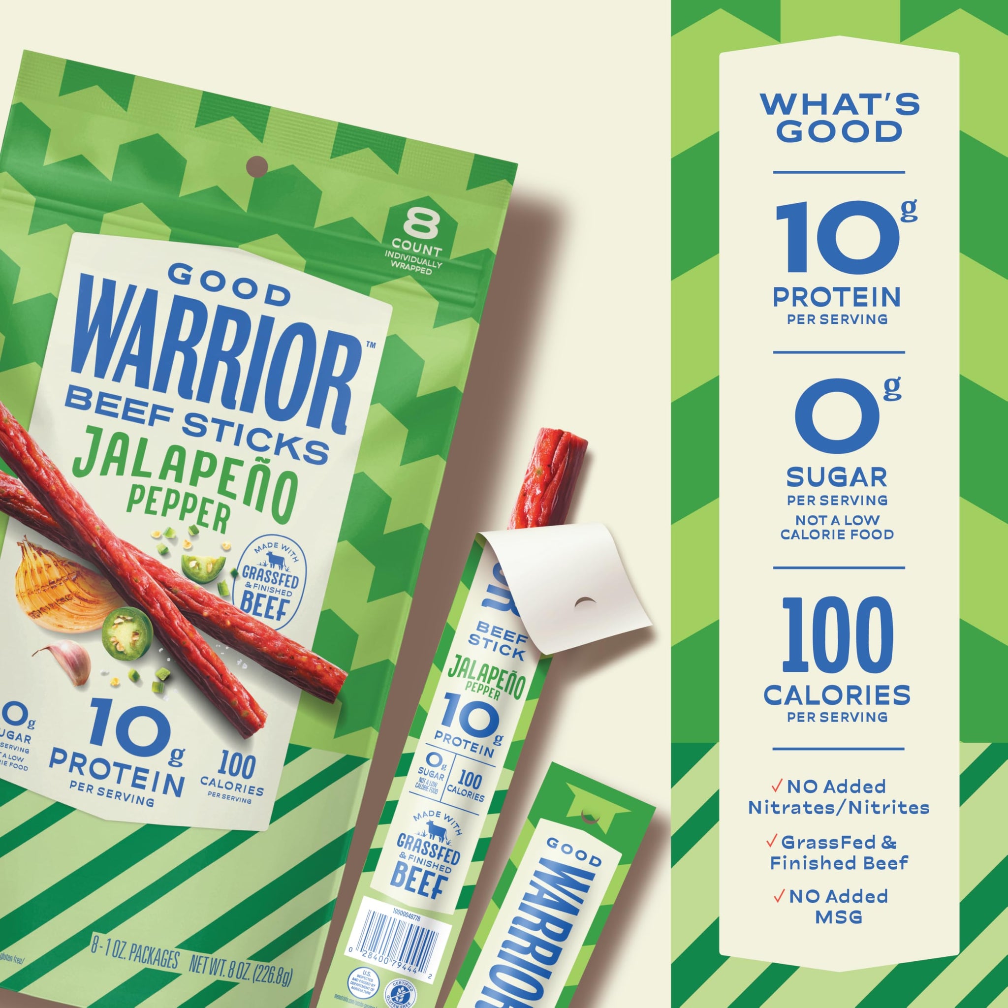 Good Warrior Beef Sticks, Jalapeno Pepper, 1 oz Sticks (8 Count), 10g Protein, 100 Calories, 0g Sugar, Grassfed & Finished Beef, Gluten Free