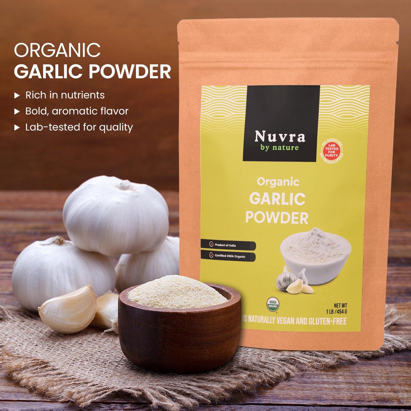 Nuvra by Nature Organic Garlic Powder 1 Lb - Pure & Aromatic - Rich in Flavor & Nutrients | Premium Culinary Spice for Cooking & Seasoning |