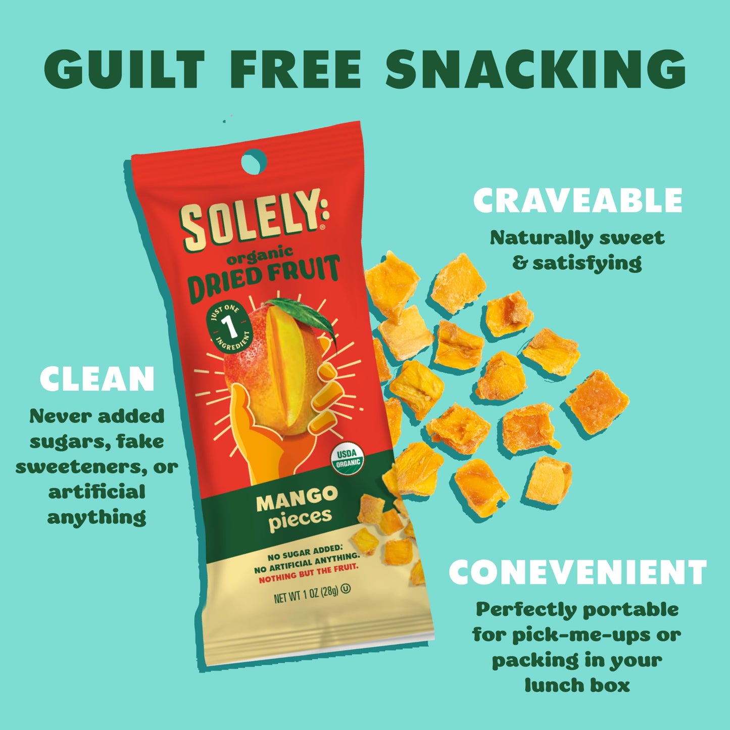 SOLELY - Organic Dried Fruit Mango Pieces (1 Box, 12 Single Serving Bags per Box) - Real Fresh Fruit - Healthy Snacks for Adults & Kids - Non GMO