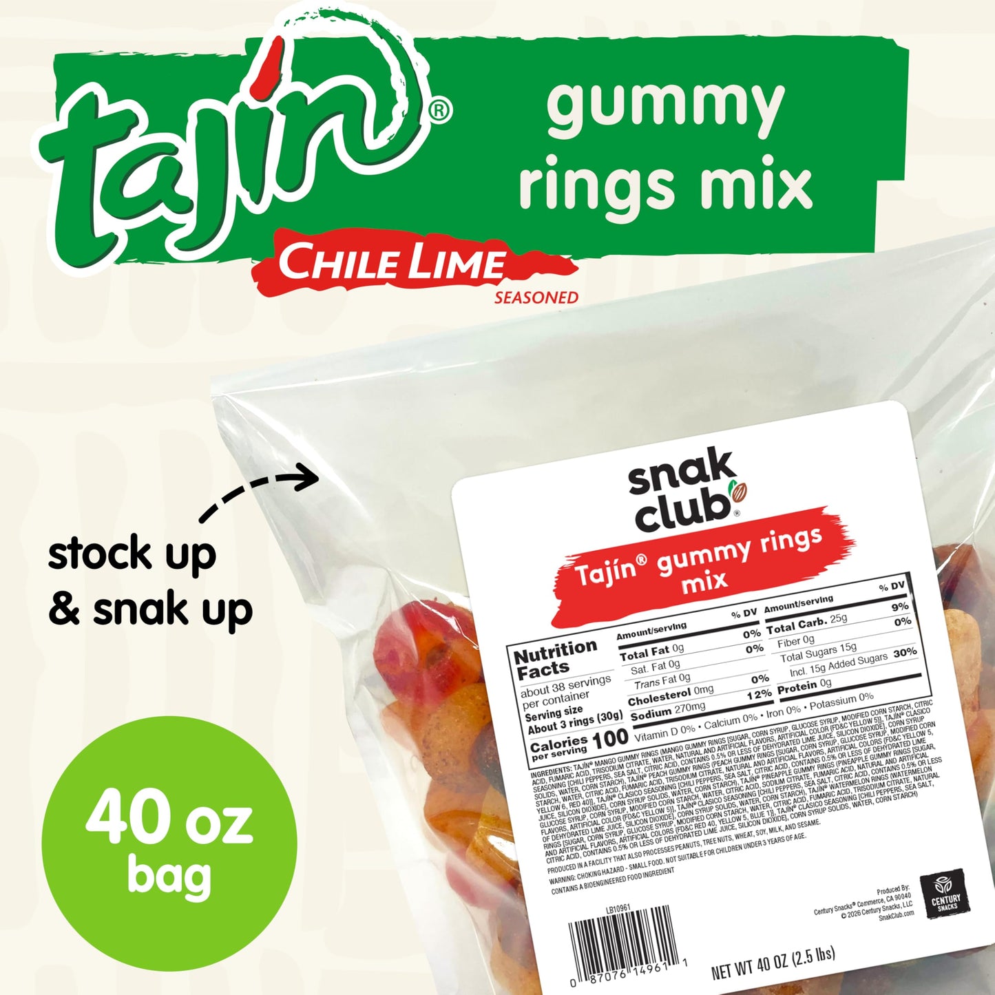 Snak Club Tajin Gummy Candy Fruit Rings, Gummies with Chili and Lime Seasoning, Mild Spice, Gluten-Free and Vegan Snacks, Assorted Bulk Candy Variety