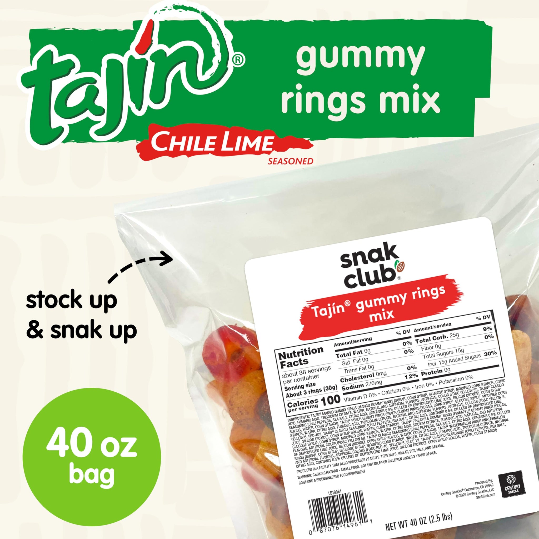 Snak Club Tajin Gummy Candy Fruit Rings, Gummies with Chili and Lime Seasoning, Mild Spice, Gluten-Free and Vegan Snacks, Assorted Bulk Candy Variety