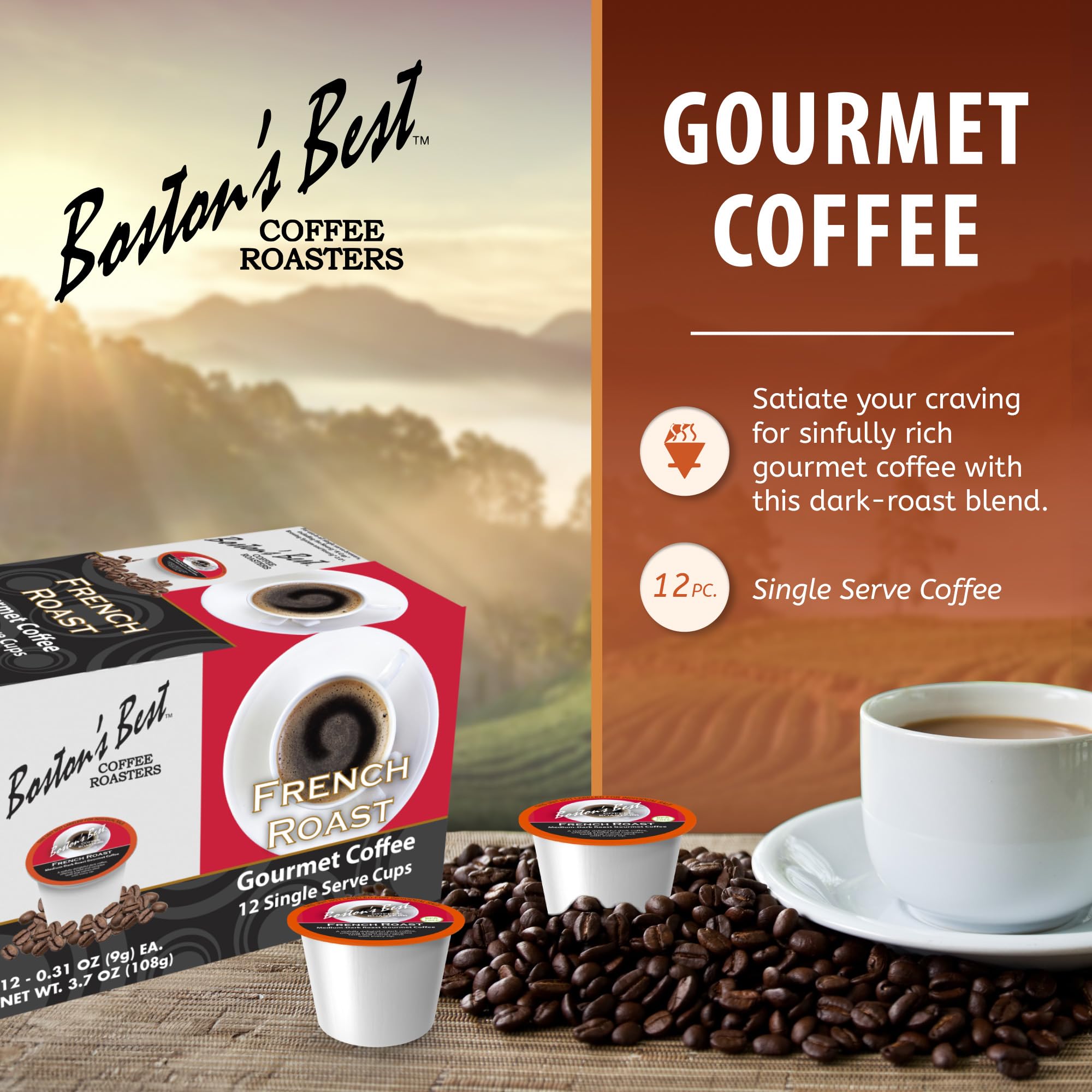 Boston’s Best Coffee - Rich & Bold French Roast Gourmet Flavour, Delectable Dark Roast, Compatible with Keurig Coffee Maker, 1 Count (12 Single Serve