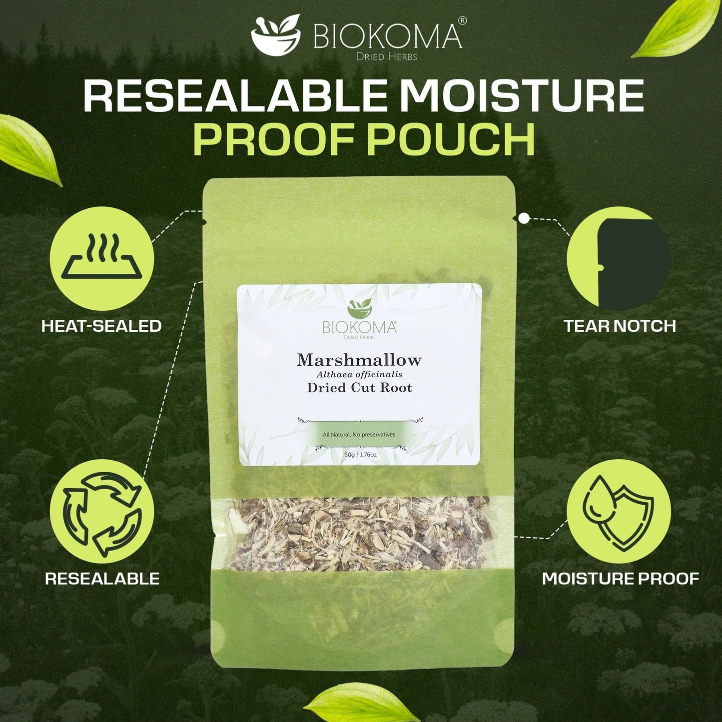 Biokoma Marshmallow Dried Root 50g 1.76oz Cut & Sifted Pure Althaea Officinalis Herb Digestion Respiratory Throat Support Herbal Tea Resealable Pouch
