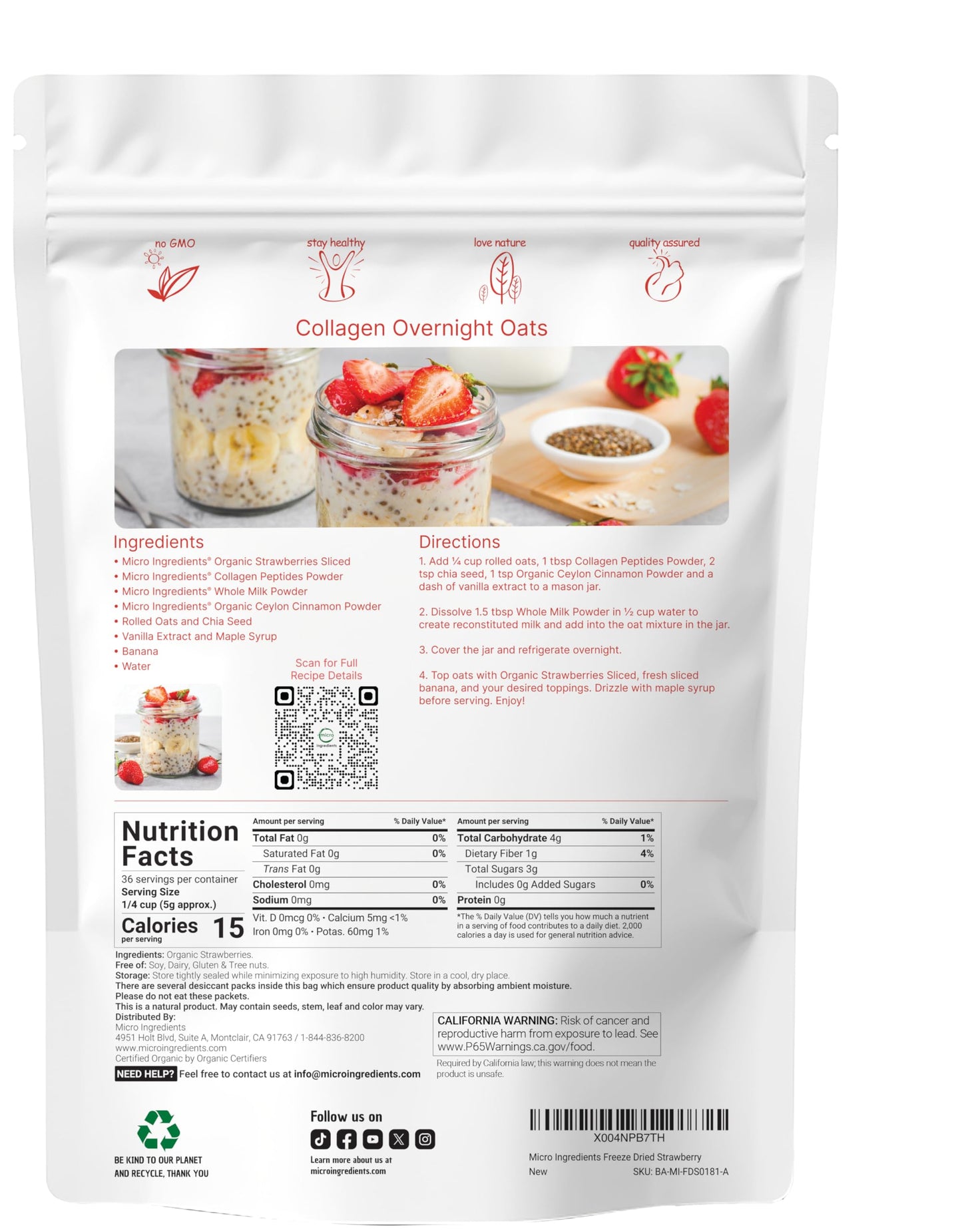 Micro Ingredients Organic Strawberries Sliced, 6.4oz | 100% Natural Fruit | Freeze Dried Strawberry Source | No Sugar & Additives | Healthy Snack