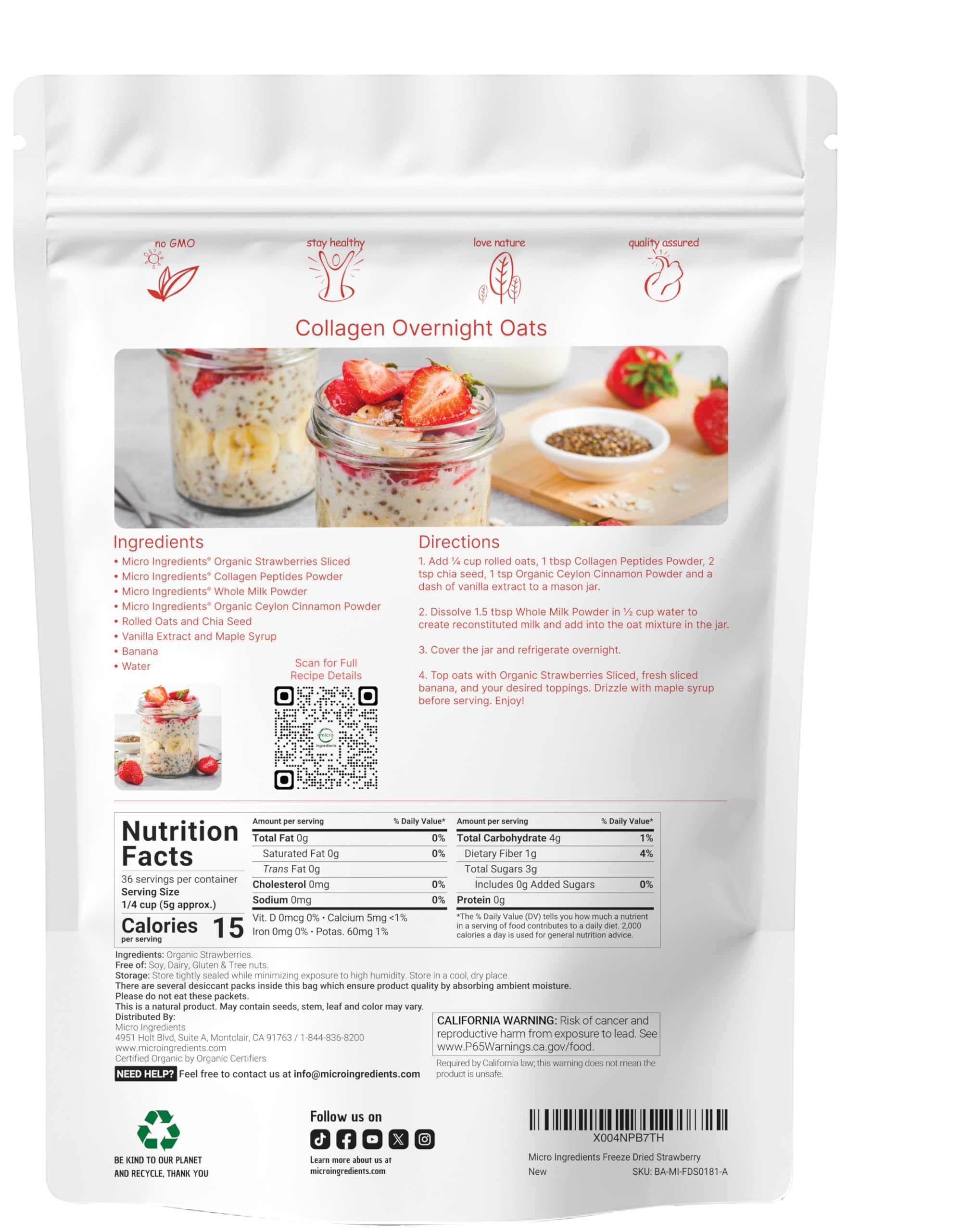 Micro Ingredients Organic Strawberries Sliced, 6.4oz | 100% Natural Fruit | Freeze Dried Strawberry Source | No Sugar & Additives | Healthy Snack