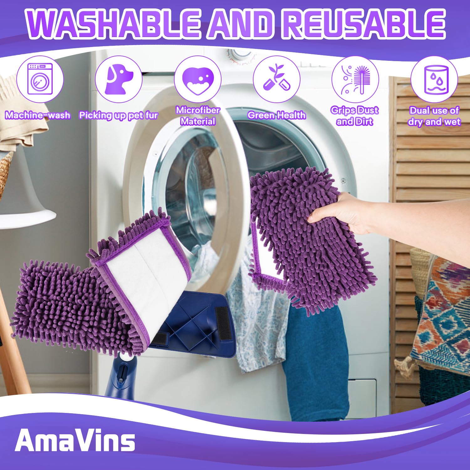 AmaVins 2 Pack Pet System Microfiber Sweeping Pad, Reusable Pet Replacement Mop Pad for Bona Mop & Multi-Surface Floors, 18 Inch Washable Cleaning