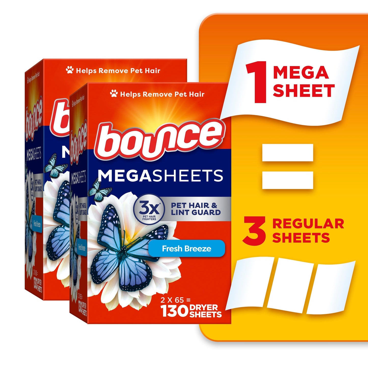 Bounce Mega Dryer Sheets, Fresh Breeze, 130 Count, Mega Fabric Softener Sheets with Static Control, Wrinkle Reduction, Extra Softness, Lasting Scent