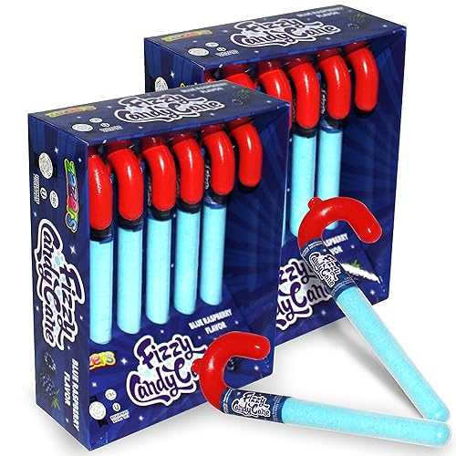 Blue Fizzy Candy Cane, 12 Pack of Blue Raspberry Powder Candy Cane - Individually Wrapped Candy Canes - Christmas Holiday Indulgement - Full Size