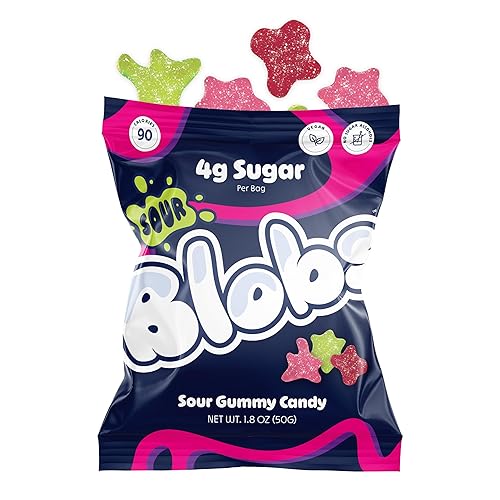 Blobs SOUR Gummy Candy Low Sugar & Low Calorie- No Sugar Alcohols, Vegan, No Dyes- Watermelon-Lychee, Black Ras Cherry, Strawberry Yuzu - (Pack of 6)
