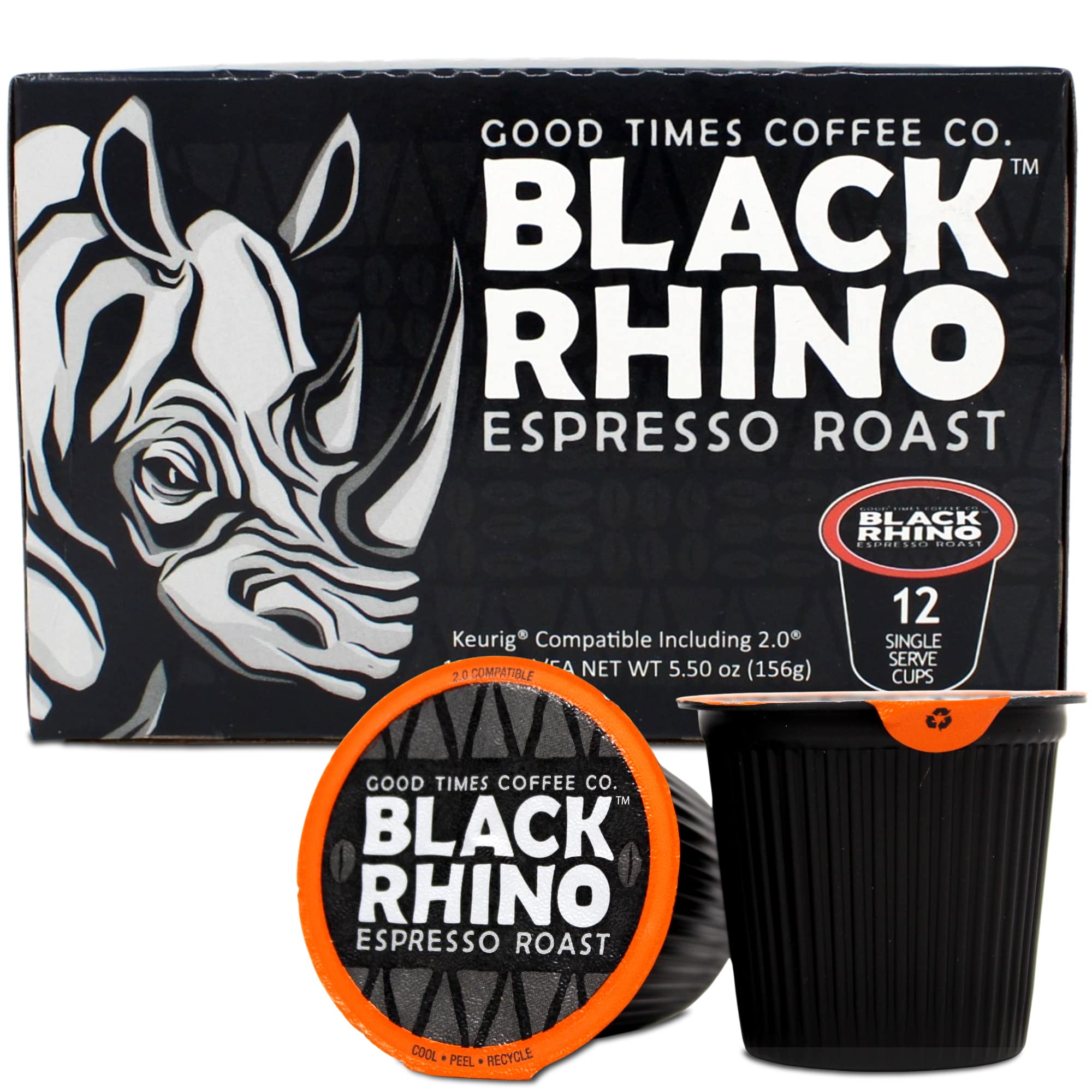 Black Rhino Espresso Roast Coffee, Single Serve Pods for Keurig K-Cup Brewers, 12 Count