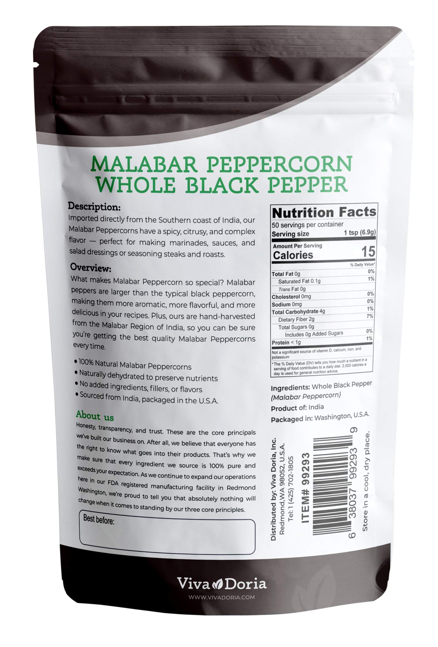 Viva Doria Malabar Black Peppercorns, Whole Black Pepper, Black Peppercorn For Grinder Refills, 12 Ounces