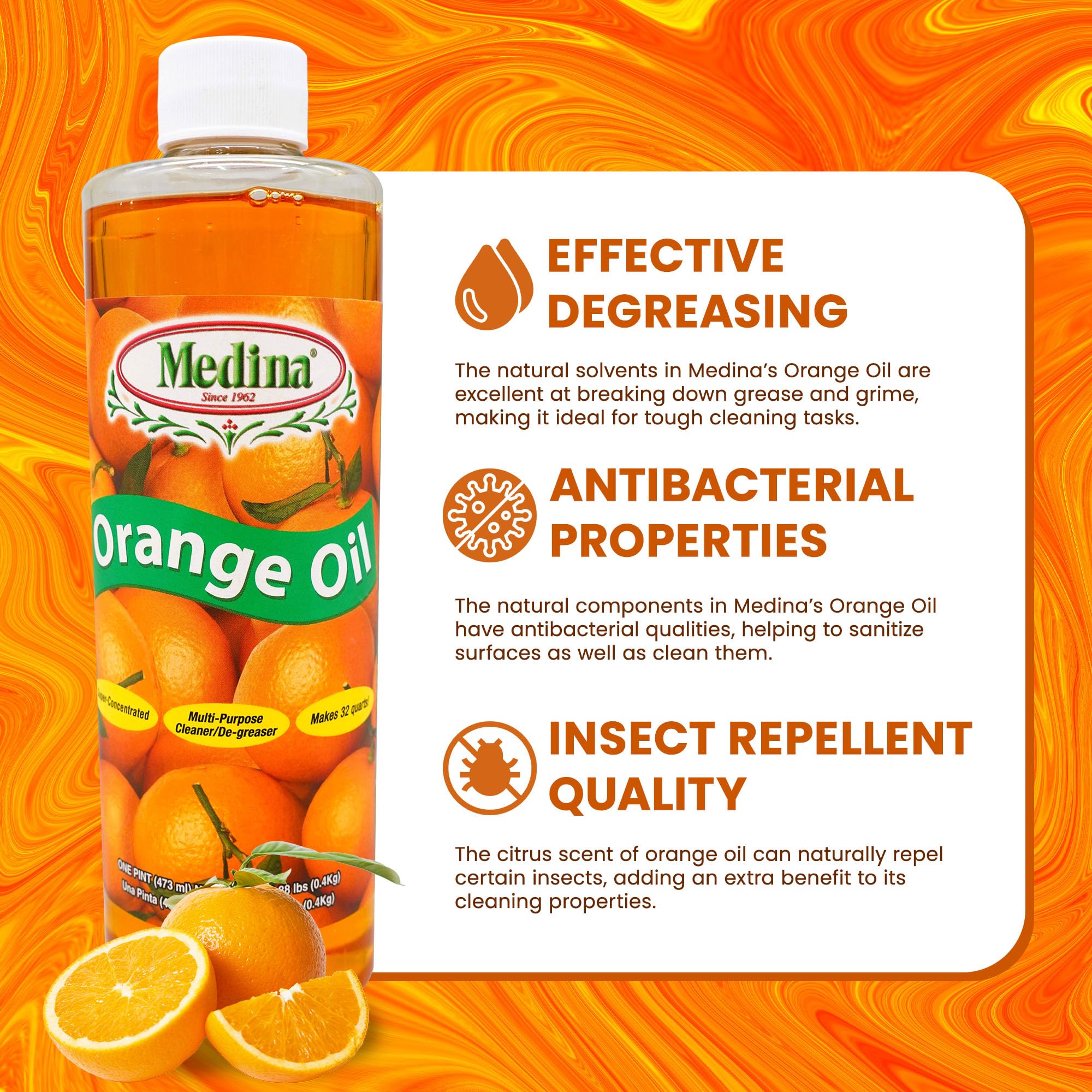 Medina Orange Oil Cleaner & Degreaser Concentrate - All Purpose Orange Oil Cleaner, Cabinet Cleaner Degreaser, Wood Degreaser for Kitchen Cabinets
