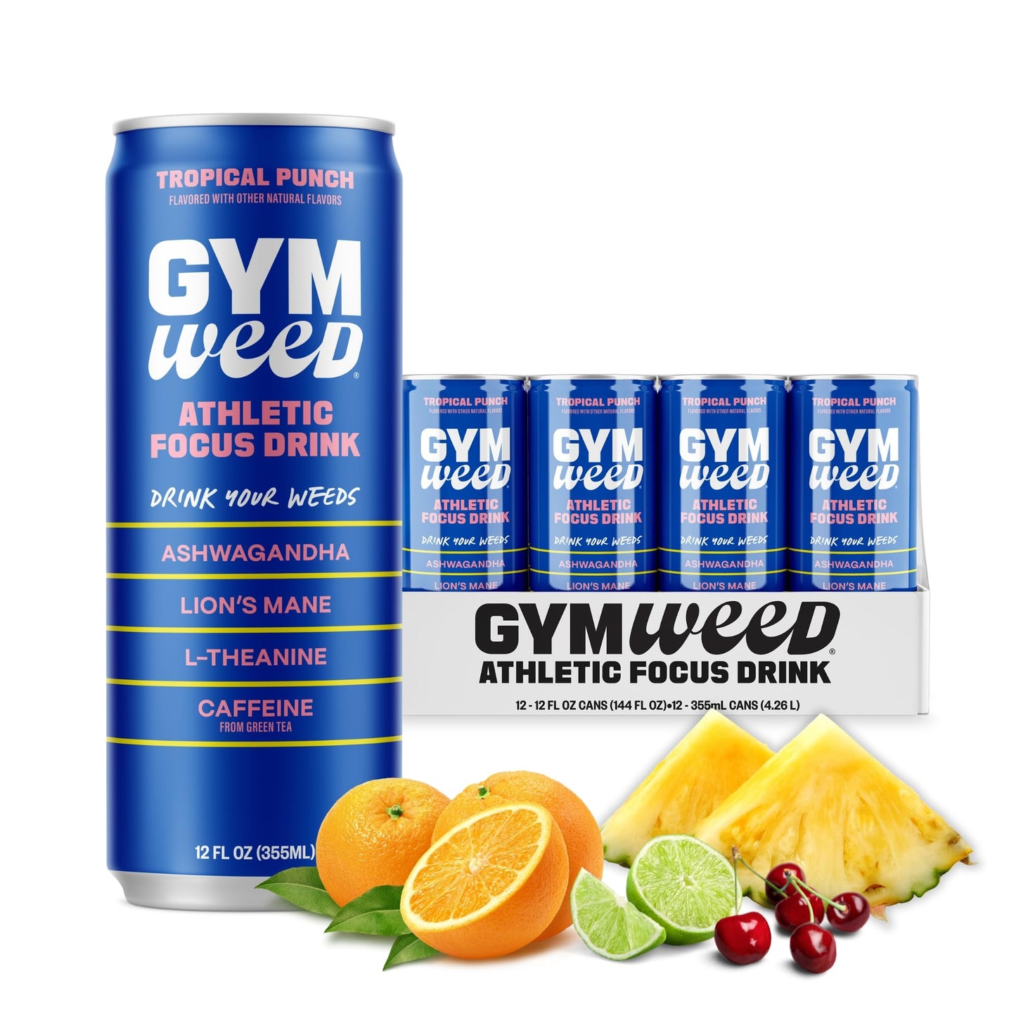 GYM WEED Athletic Focus Drink with KSM-66 Ashwagandha, Lion's Mane Mushroom, L-Theanine, 200mg Green Tea Caffeine with Natural Sweeteners Tropical