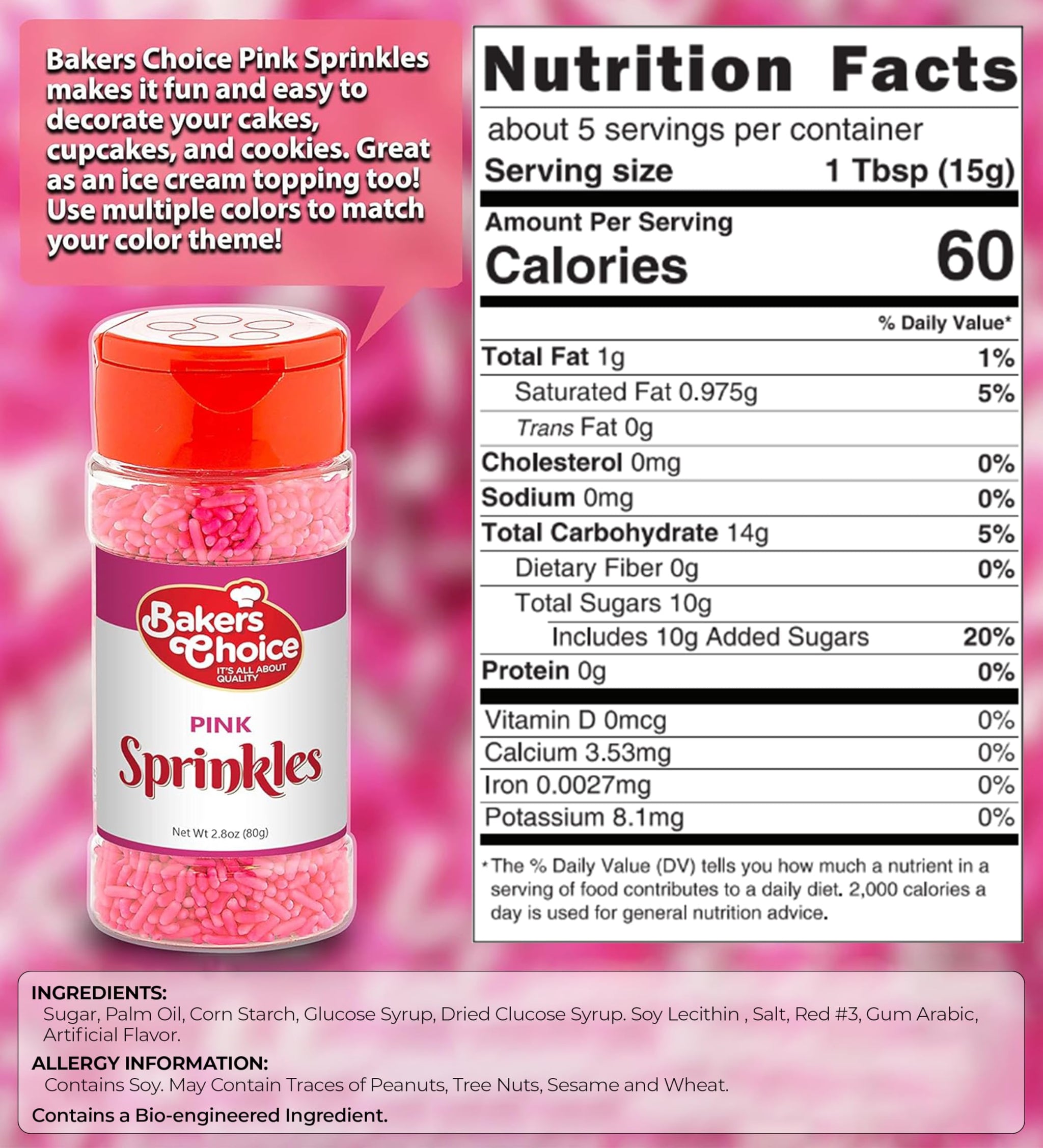 Bakers Choice Pink Sprinkles for Baking - Jimmies Sprinkles for Ice Cream Toppings - Dairy Free, Kosher 2.8 oz